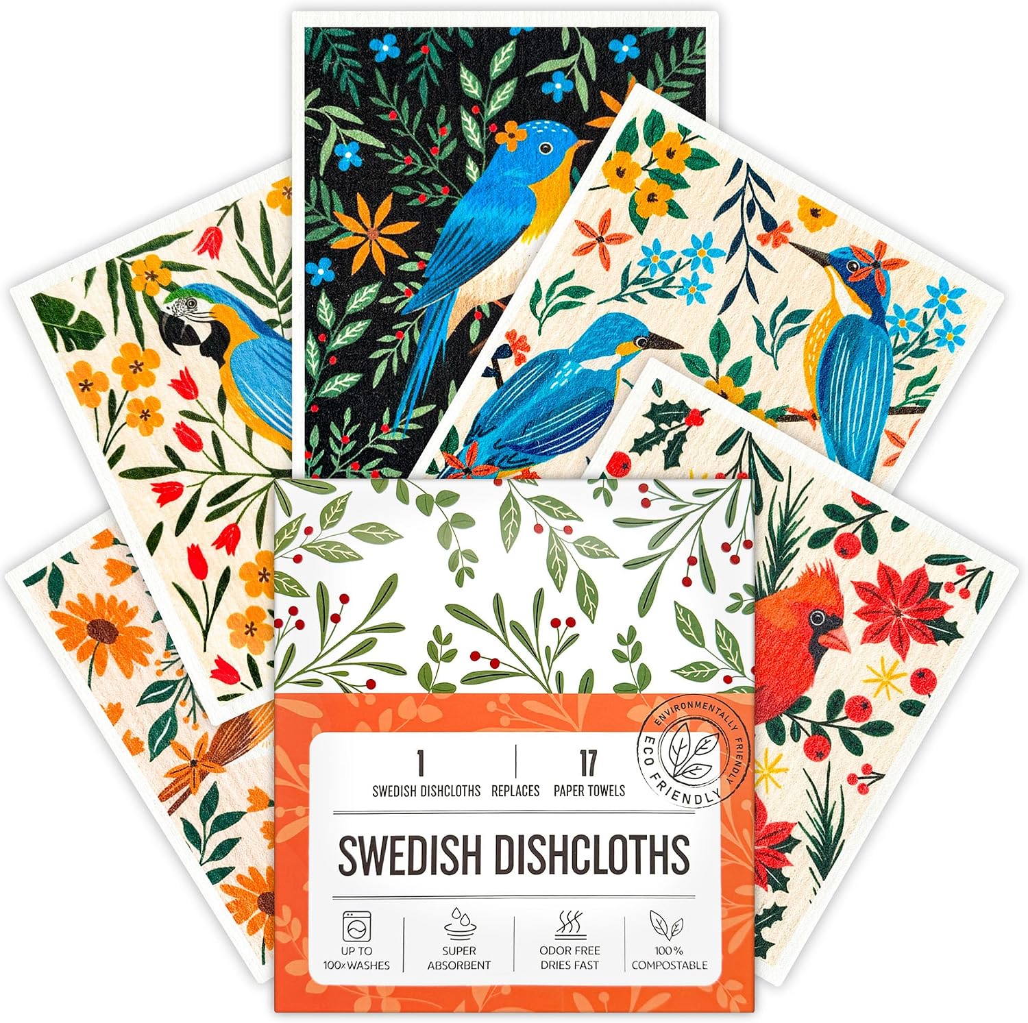 Swedish Dishcloths for Kitchen, 5 Pack Reusable Paper Towels Washable, Super Absorbent Kitchen Towels, No Odor Dish Rags, Biodegradable, Quick Drying, Dishwasher Safe