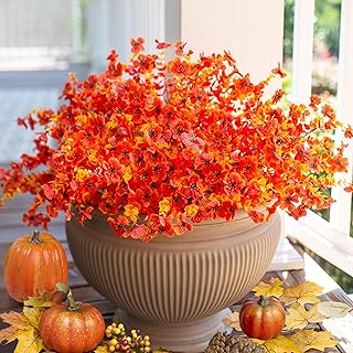 Artificial Faux Fall Flowers Plants for Outdoor Outside Thanksgiving, 12 Bundles Fake Flower Mums Look Real UV Resistant for Porch Patio Garden Home Table Centerpiece Decoration