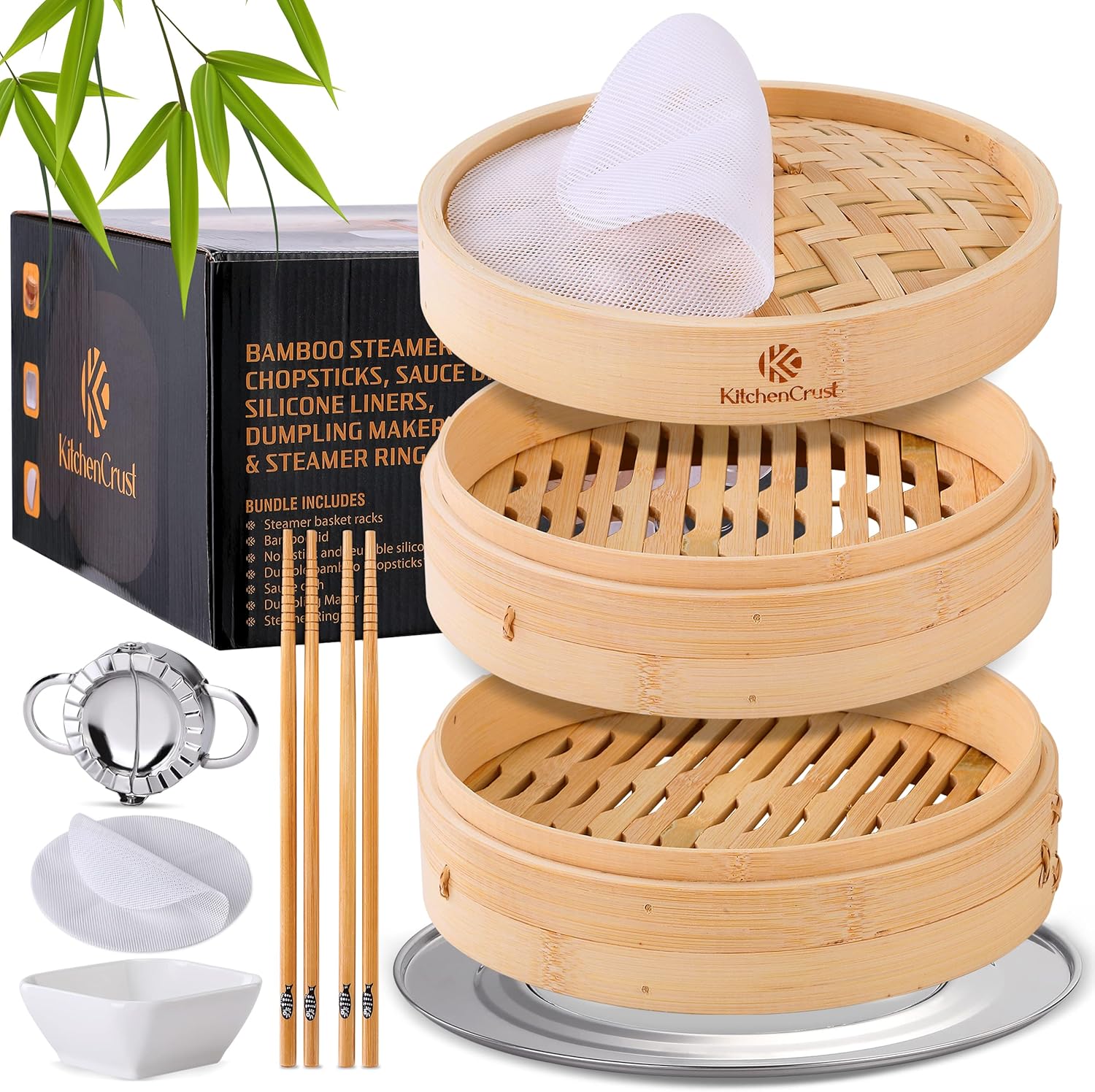 Bamboo Steamer Basket for Chinese Asian Cuisine - 2 Tier 10-Inch Steaming Basket Bun Vegetable Steamer, Dumpling Steamer bamboo steam basket, Sauce Dish, Chopsticks, Reusable Liners, Ring