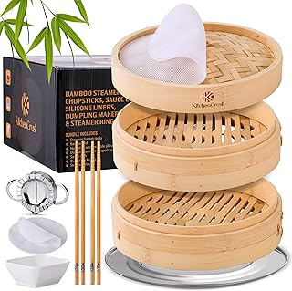 Bamboo Steamer Basket for Chinese Asian Cuisine - 2 Tier 10-Inch Steaming Basket Bun Vegetable Steamer, Dumpling Steamer bamboo steam basket, Sauce Dish, Chopsticks, Reusable Liners, Ring