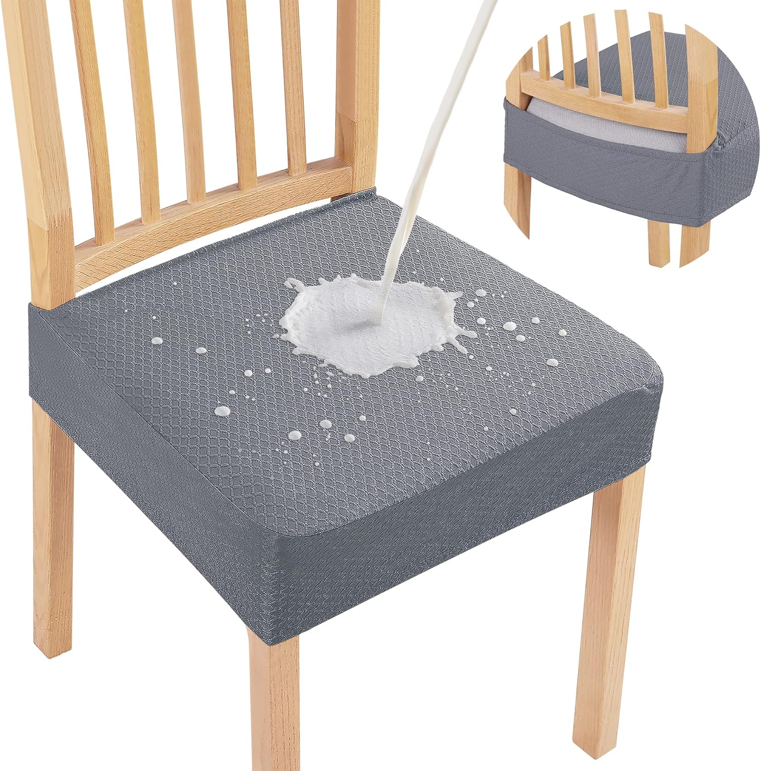 smiry Waterproof Seat Covers for Dining Room Chairs Set of 6, Stretch Jacquard Removable Washable Chair Seat Slipcovers Protector, No Rear Covers, Grey