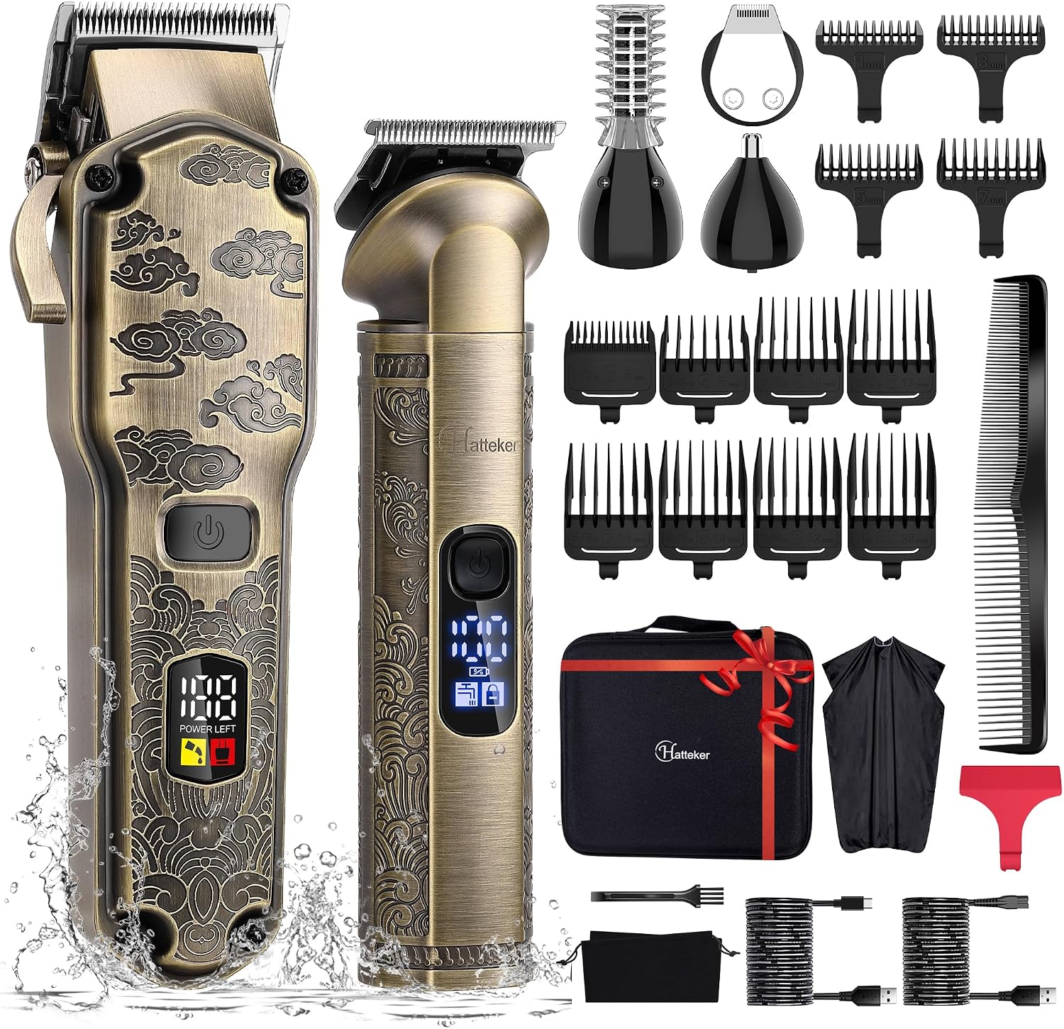 Hattek Professional Hair Clipper for Men, T-Blade Trimmer, Beard and Body, Wireless Nose & Body Care Kit