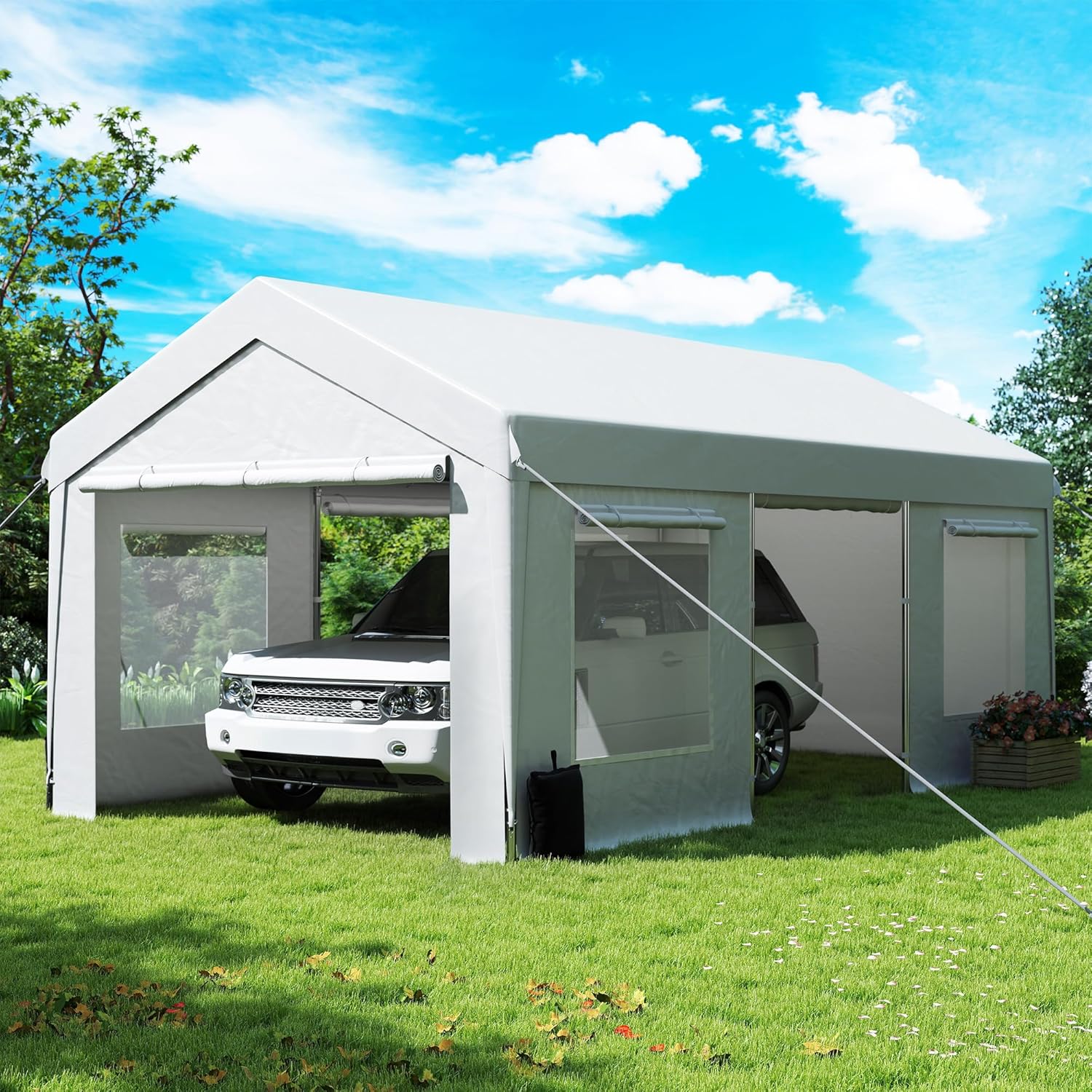 Upgrade 10' x 20' Heavy Duty Outdoor Carport - Extra Large Shelter with Roll-up Ventilated Windows & Side Doors, Portable Garage for Car Auto Motorcycle Boat Truck Outdoor Events Party, White