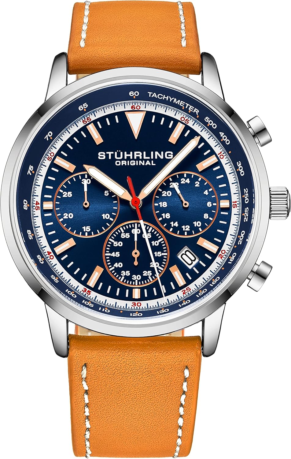 Stuhrling Original Chronograph Watch Men's Watches 44mm Steel Case Blue Dial with Leather Strap Tachymeter 24-Hour Subdial