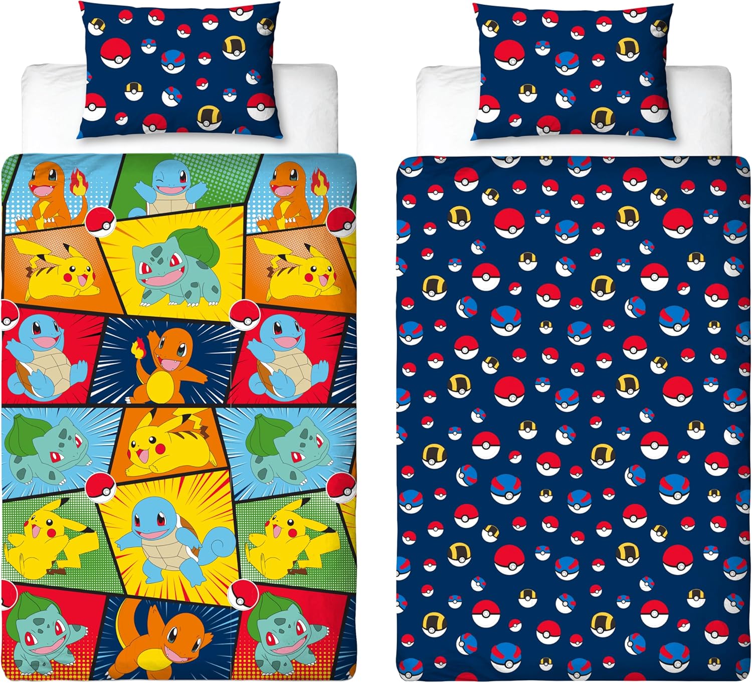 Pokemon Officially Licensed Single Kids Duvet Cover Set | Pikachu Bulbasaur Charmander Squirtle Design Reversible 2 Sided Bedding with Matching Pillowcase | Childrens Single Bed Set