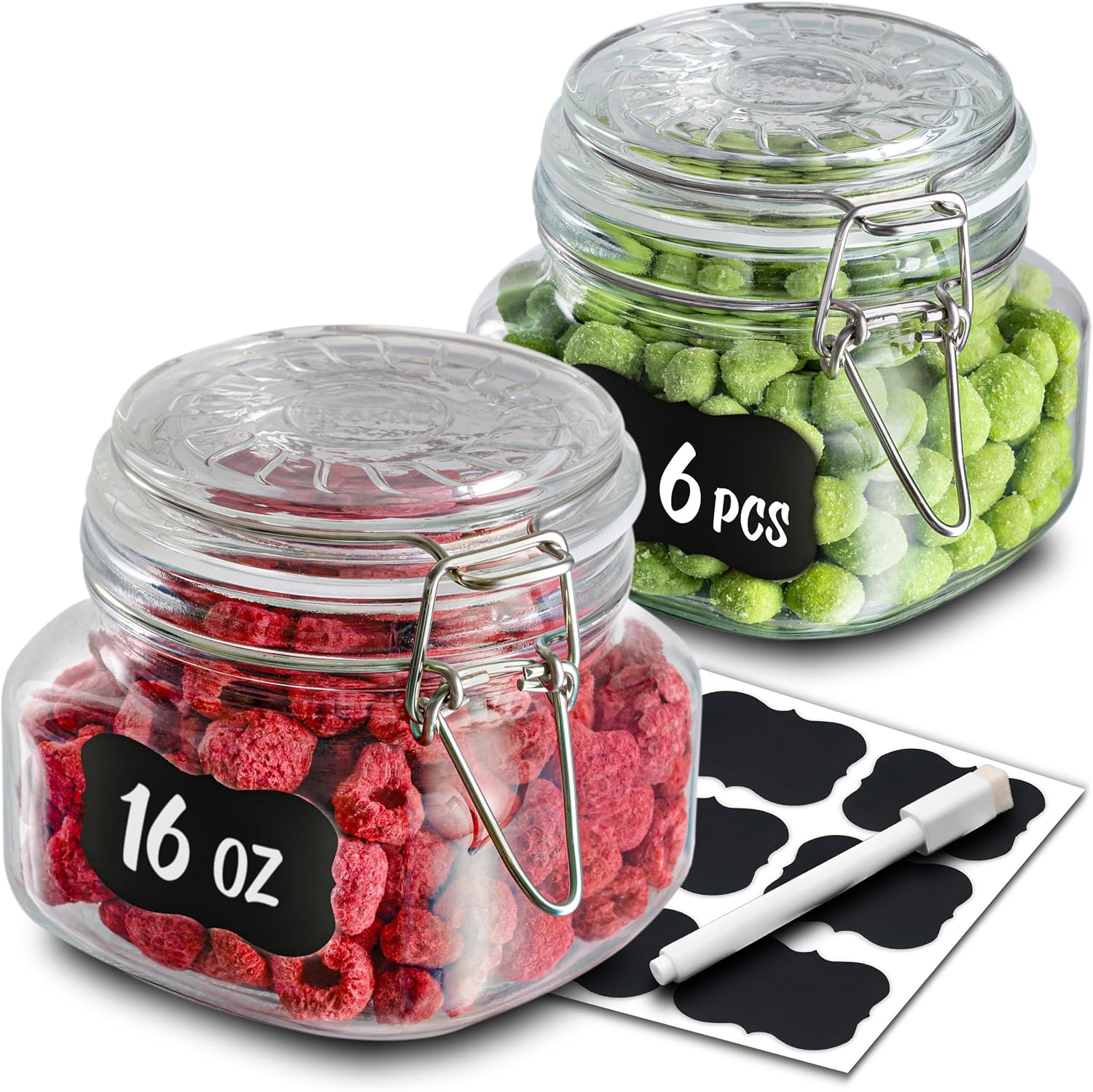 16 oz Wide Mouth Mason-Style Glass Jars with Airtight Clamp Lids – 6 Pack Square Jars with Labels & Pen – Perfect for Pantry Storage, Canning, Pickling, Fermenting & Meal Prep