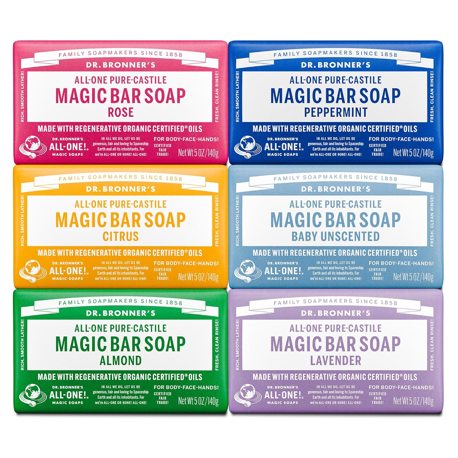Dr. Bronner's Pure-Castile Magic Bar Soaps (5 Ounce Variety Gift Pack) Almond, Unscented, Lavender, Peppermint, Citrus, Rose - Made with Regenerative Organic Certified Oils, Vegan, Non-GMO
