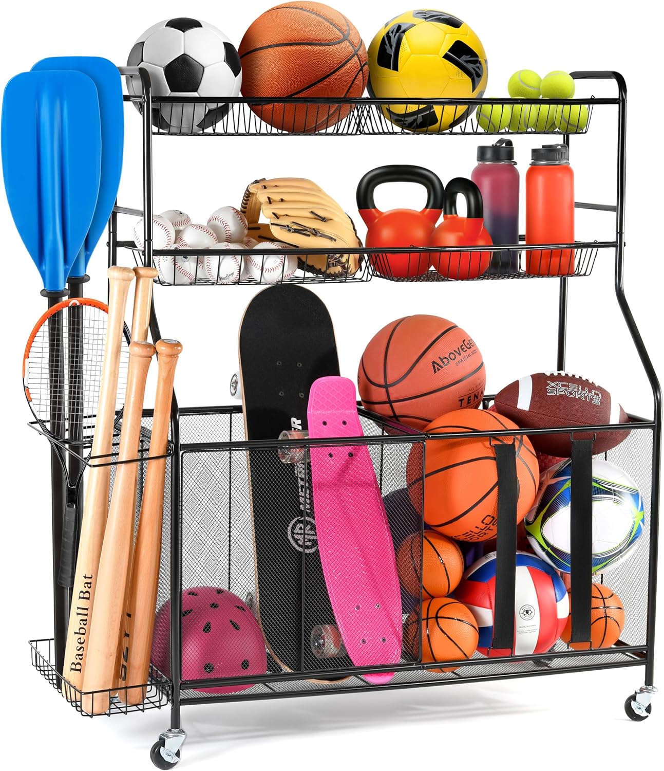 HOME IT Garage Sports Equipment Organizer - Garage Ball Storage Rack Organizer Holder with Baskets, Rolling Wheels & Breaks - Large Capacity Heavy Duty Steel Ball Storage Cart
