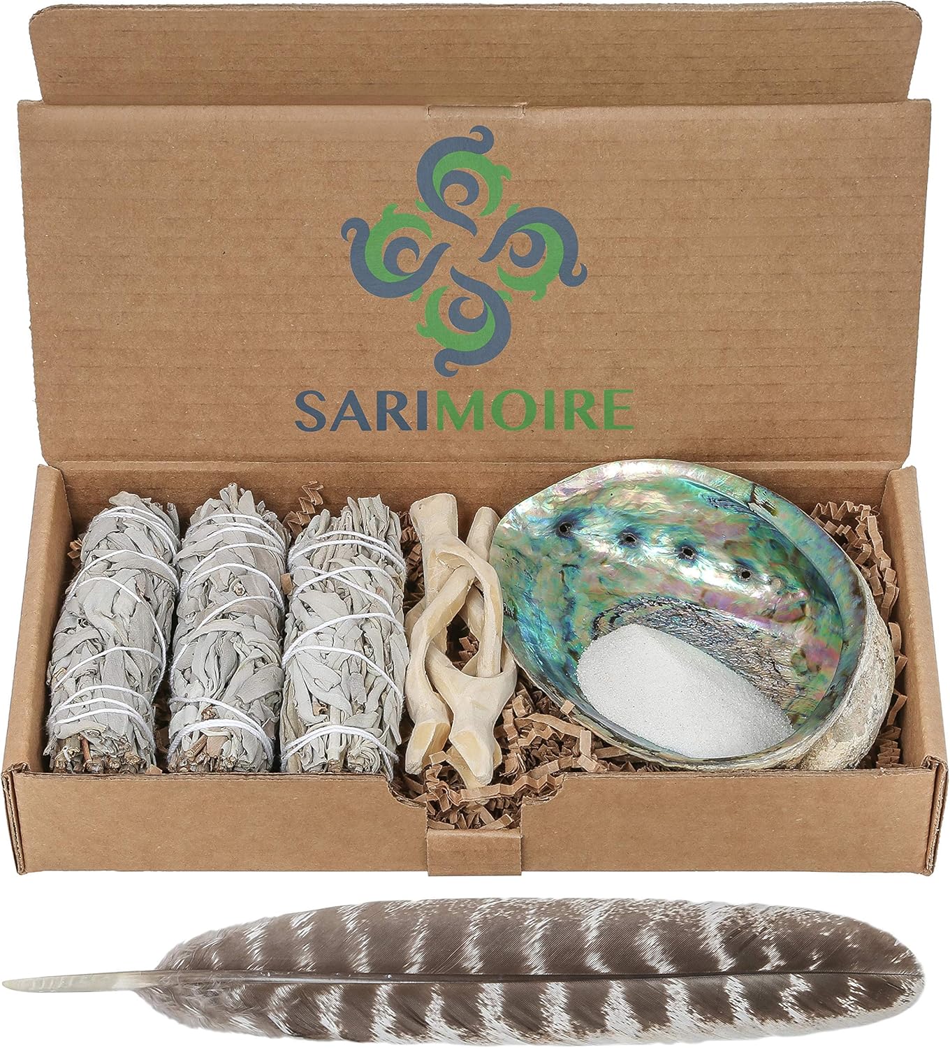Sarimoire Sage Smudge Kit - White Sage Smudge Sticks - 4in ~ Abalone Shell 5-6in ~ 2in Tripod Stand ~ 9-12in Feather and White Sand