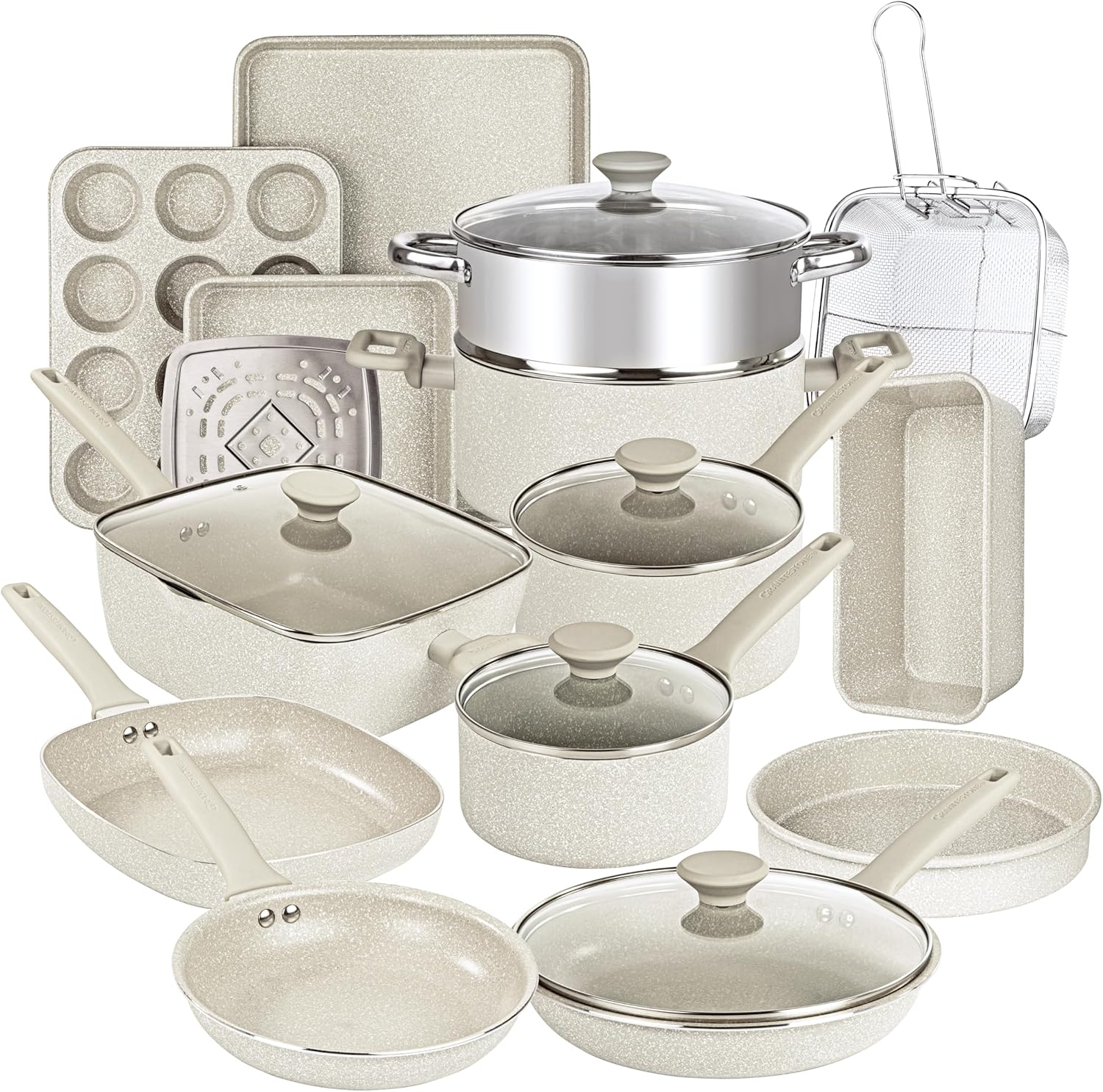 Granitestone 20 Pc Pots and Pans Set Non Stick, Kitchen Cookware Sets, Non Stick Pots and Pan Set, Pot and Pan Set, Diamond Coated Nonstick Cookware Set, Non Toxic Cookware Set, Dishwasher Safe