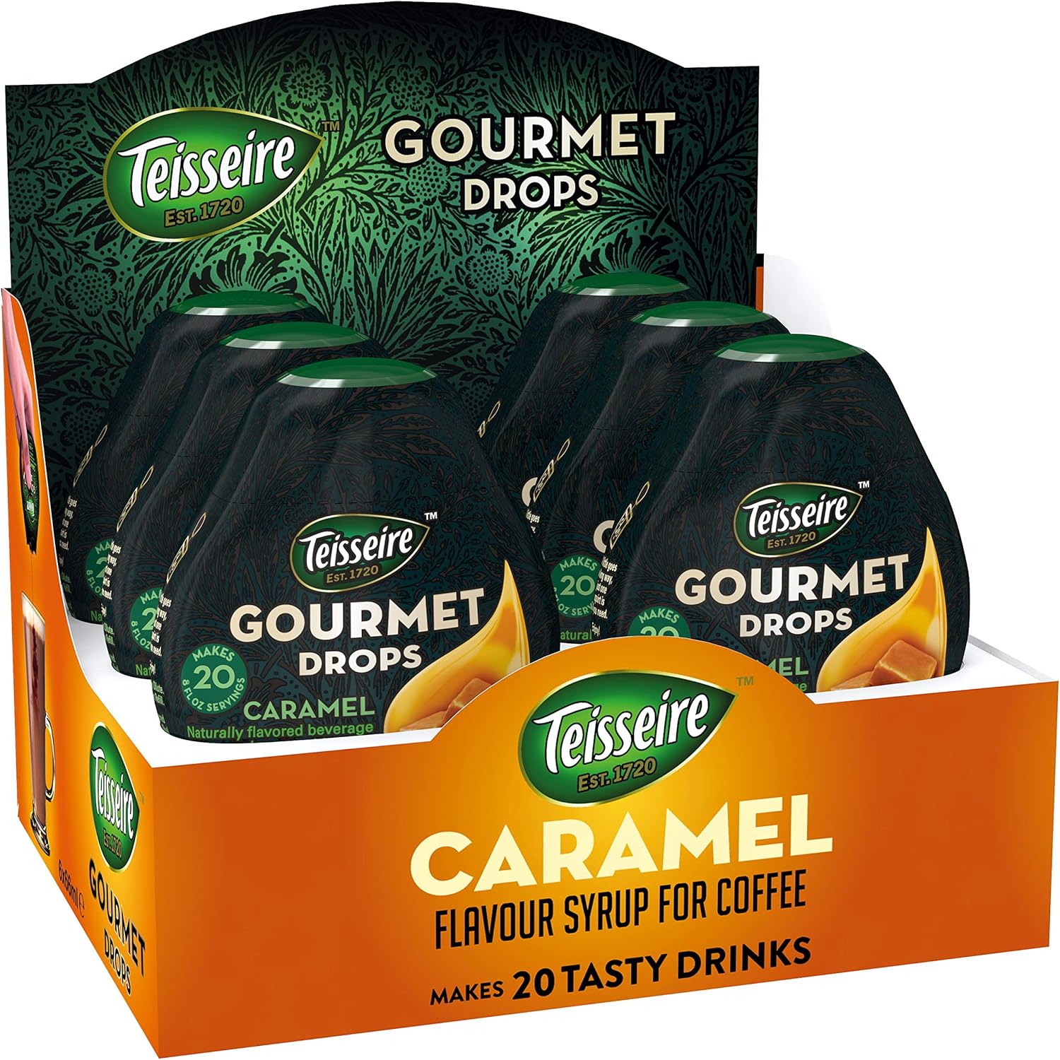 Teisseire Gourmet Drops - Sugar Free Coffee Syrup - Zero Calories, No Carbs - Vegan - Caramel - 20 Servings Per Pack, 6 Packs 200779