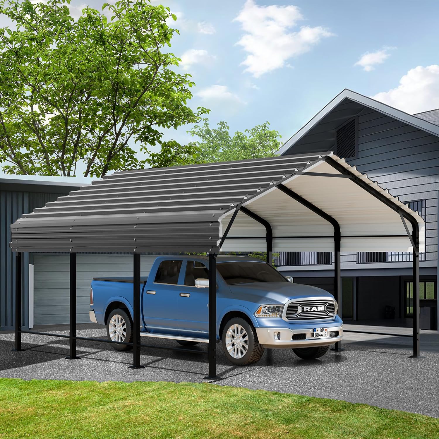 JAMFLY 12X15 FT Carport, Heavy Duty Carport Canopy with Galvanized Steel Roof and Frame, Metal Carport Upgraded Extra Large Garage for Pickup, Boat, Car and Tractors