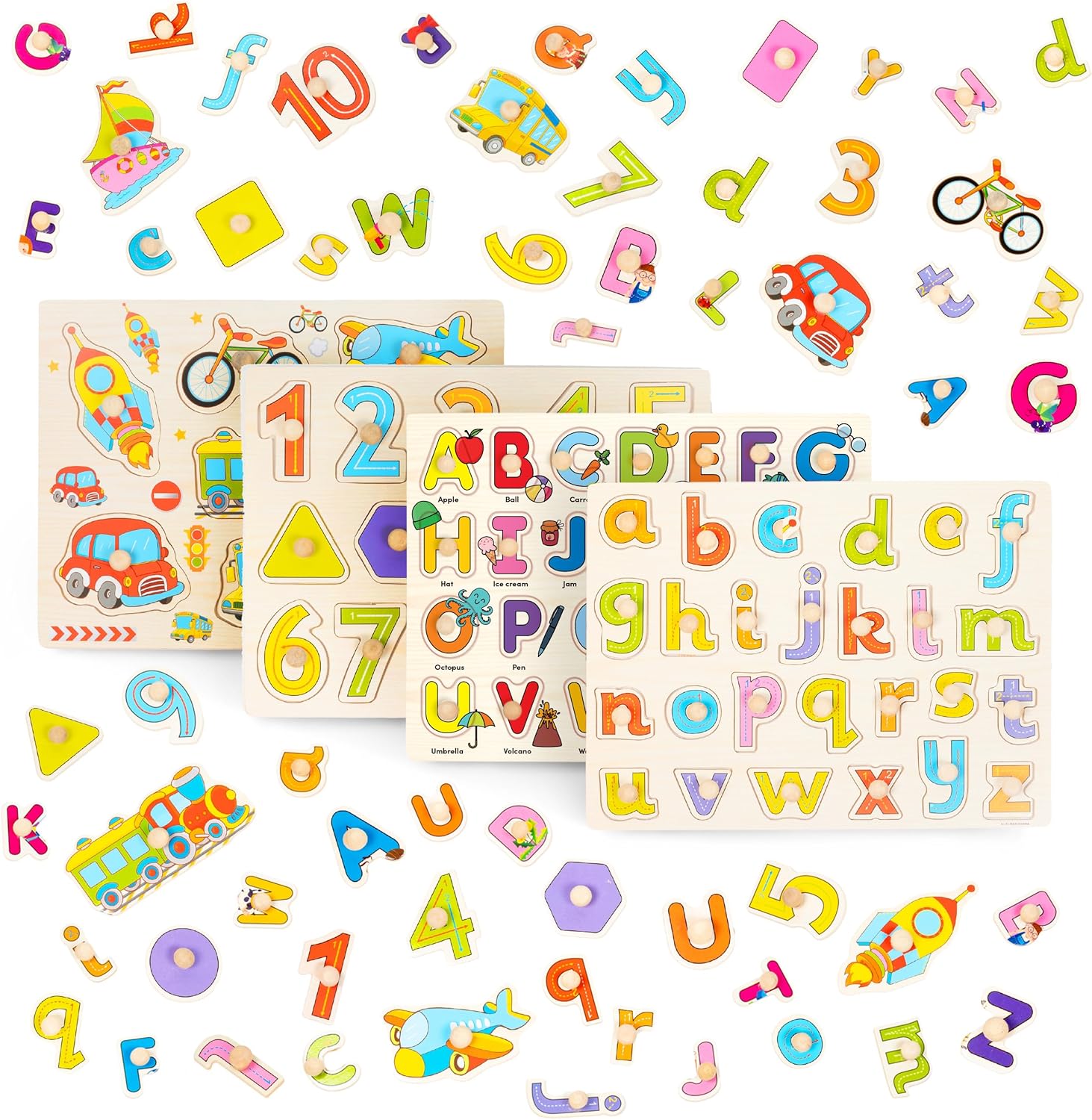 THE TWIDDLERS - 4 Wooden Jigsaw Peg Puzzles, Early Learning Toys for Kids and Toddlers, Perfect for School Classrooms