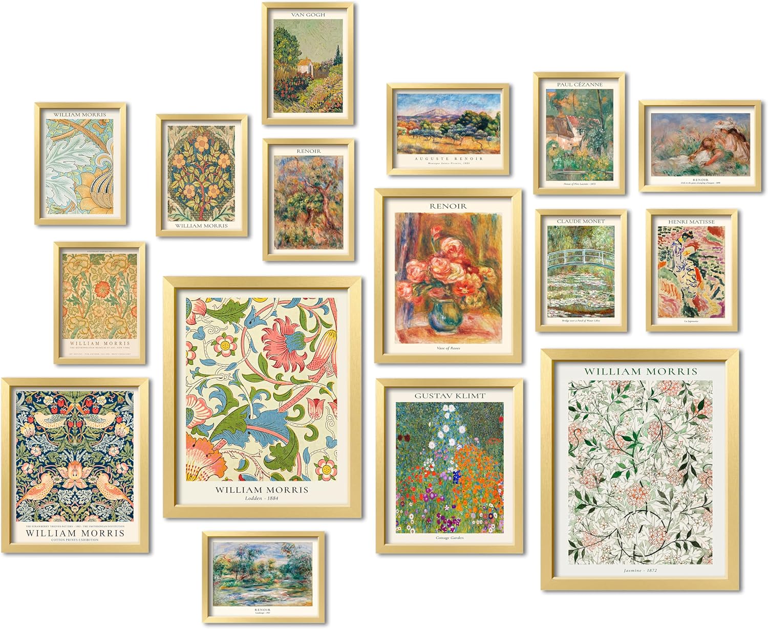 ANERZA 16 PCS Gold Framed Vintage Eclectic Wall Art Decor, William Morris Wall Prints for Bedroom, Gallery Wall Frame Set, Posters for Living Room Aesthetic, Collage Kit, Colorful Dorm Home Artwork