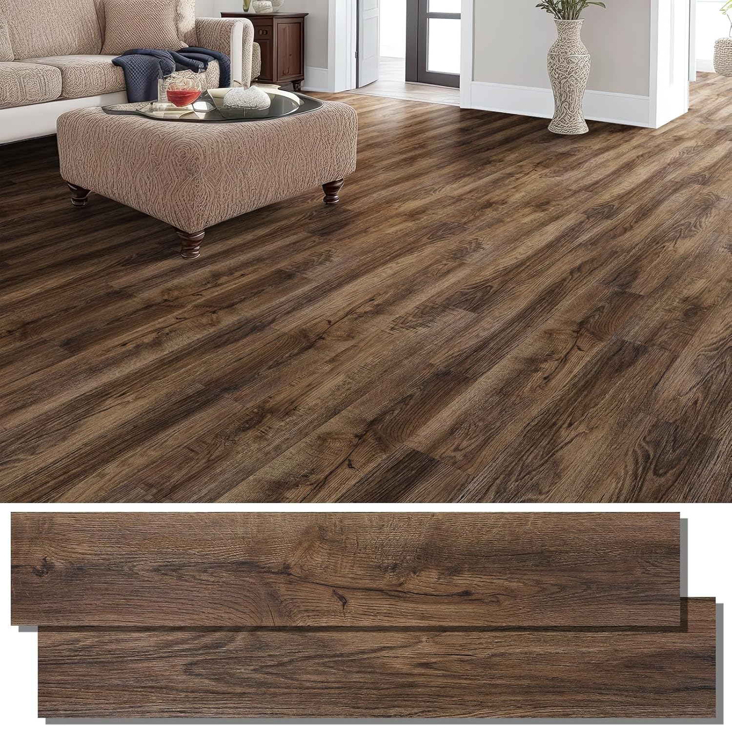 Warmiehomy Peel and Stick Floor Tiles 36 PCS 5㎡ Floor Tiles Self Adhesive Wood Grain Vinyl Flooring 36x6 Inch Waterproof Self Adhesive Floor Tile for Bedroom, Living Room, Kitchen(Walnut)