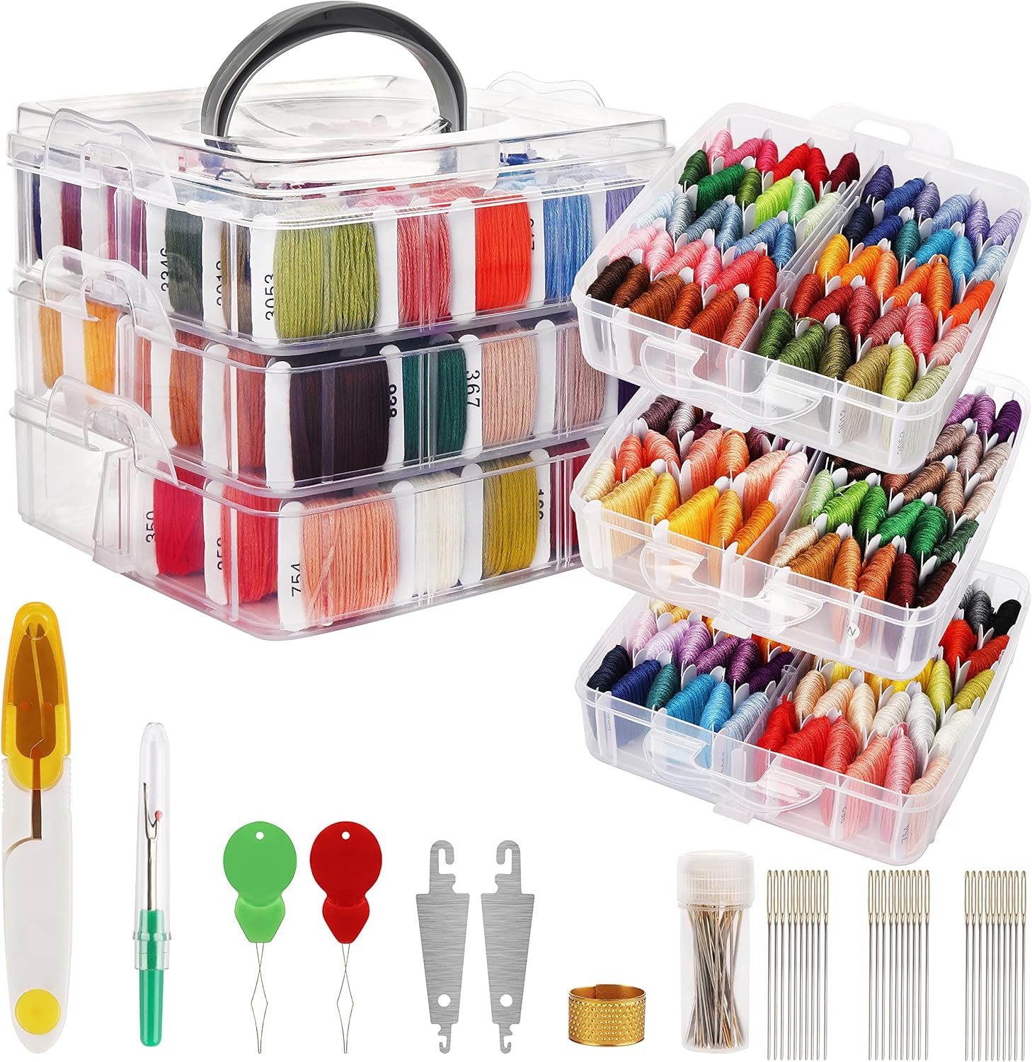 HANDI STITCH Embroidery Floss Set - (187 Pack) - Cross Stitch Tool Kit with 3 Tier Transparent Storage Box - 150 Colour Skeins - Threads on Paper Bobbins for Friendship Bracelets & Crafts