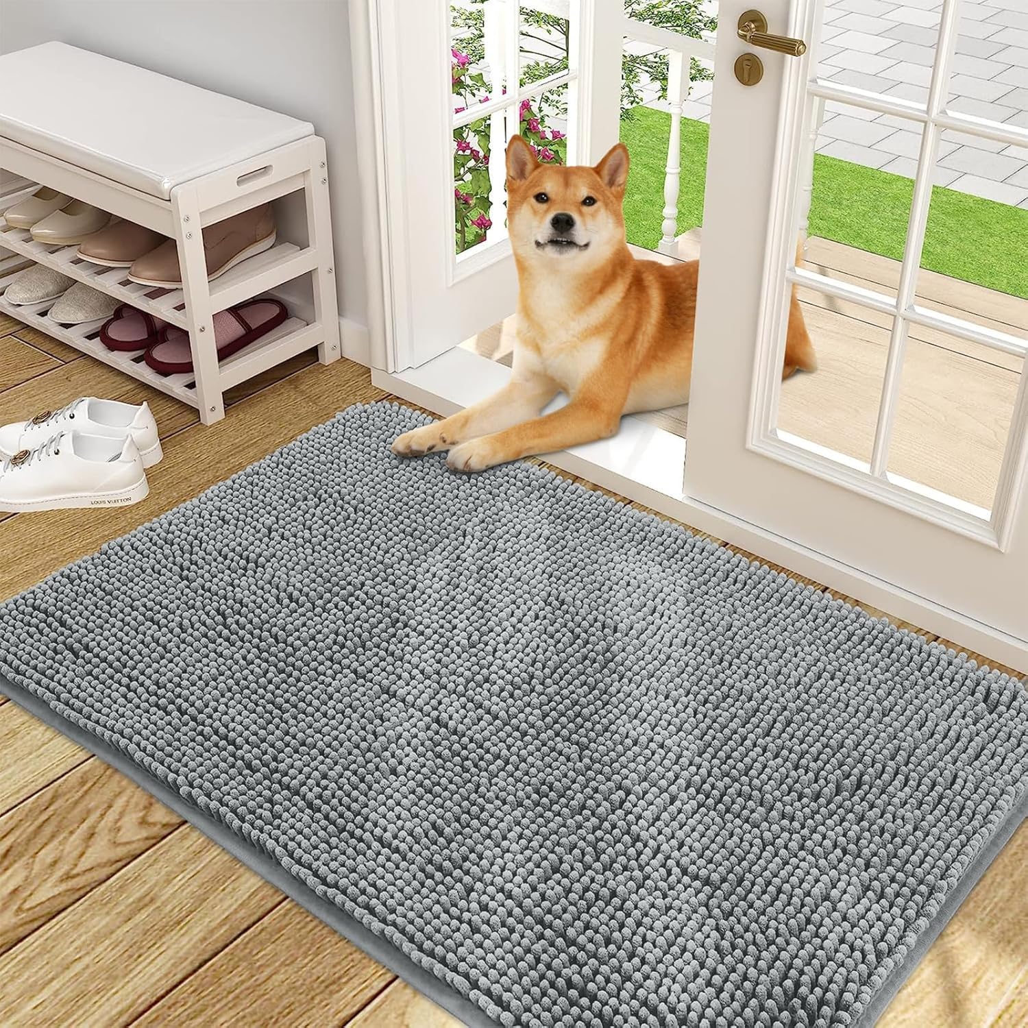 smiry Muddy Mat, Super Absorbent Chenille Dog Door Mat, Washable Non Slip Door Matts Indoor, Soft Microfiber Pet Rug and Bath Mat for Entrance Kitchen Muddy Shoes & Paws - Grey, 75 x 120 cm