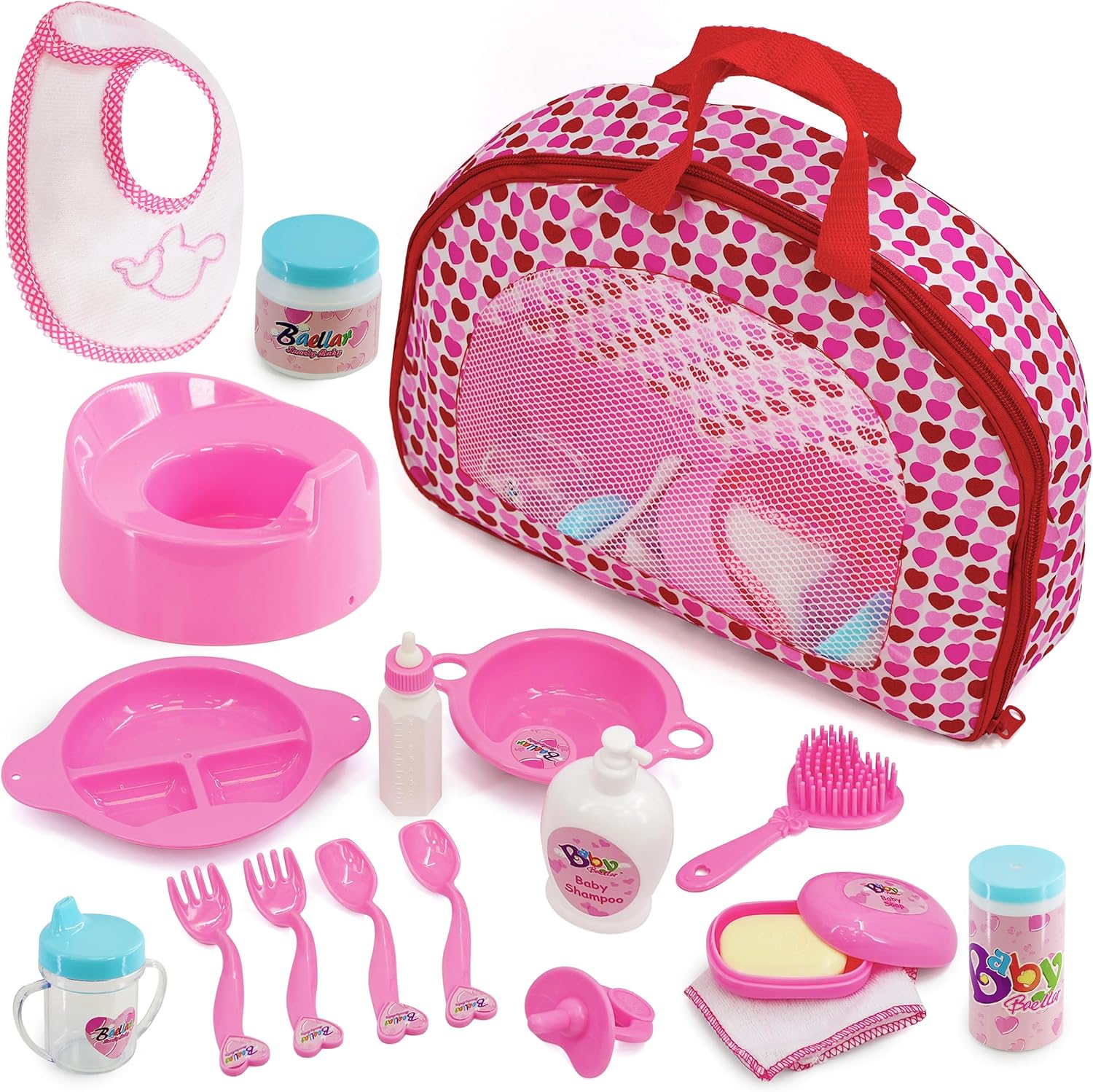BiBi Doll Baby Doll Accessories Play Set with Carry Bag Storage Case - Feeding Set, Pacifier, Potty, Bottles, Dolls Care Set, Pretend Toy for 3 Years Old
