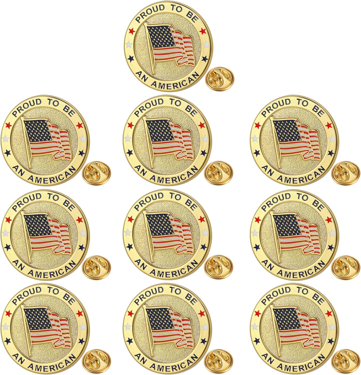 10 Pack Round American Flag Pins, Gold USA Flag Lapel Pins - Pround to Be An American Pin for Memorial Day, Flag Day, Independence Day,Veterans Day