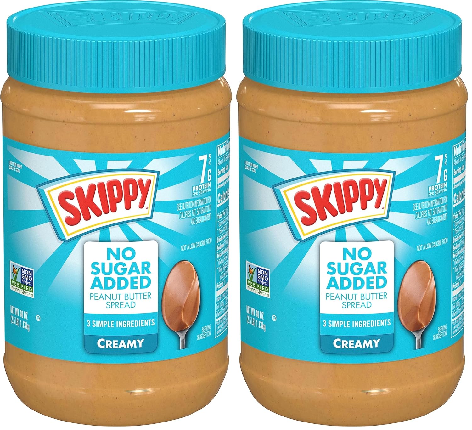 SKIPPY Creamy Peanut Butter Spread, No Sugar Added Peanut Butter, 7 g Protein Per Serving, 40 Oz Jar (Pack of 2)