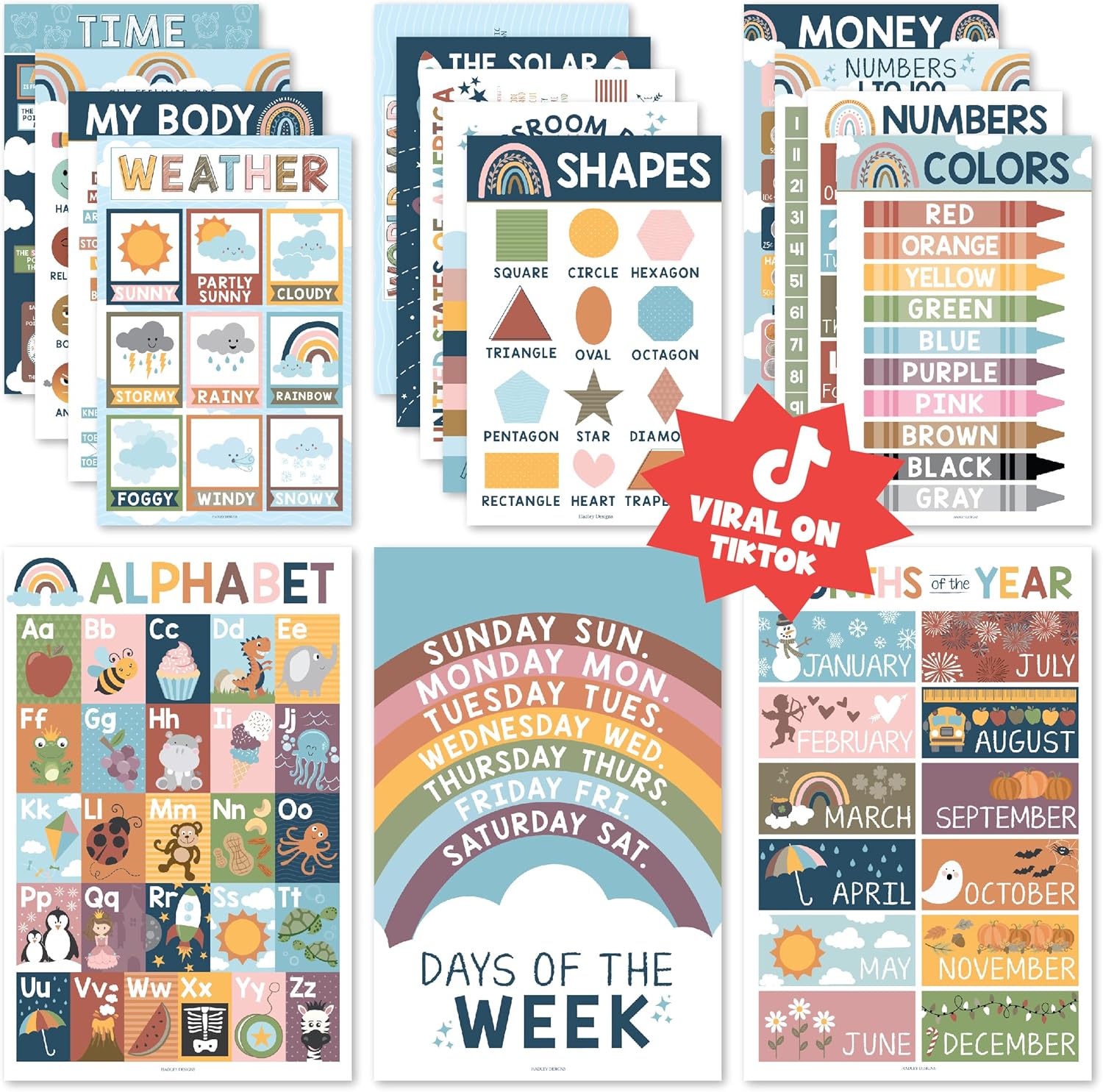 Hadley Designs 16 Educational Posters for Toddlers 1-3, Laminated Toddler Learning Posters for Preschool & Kindergarten, ABC Chart, Numbers, Colors, Shapes, Days of The Week, Boho Classroom Decor