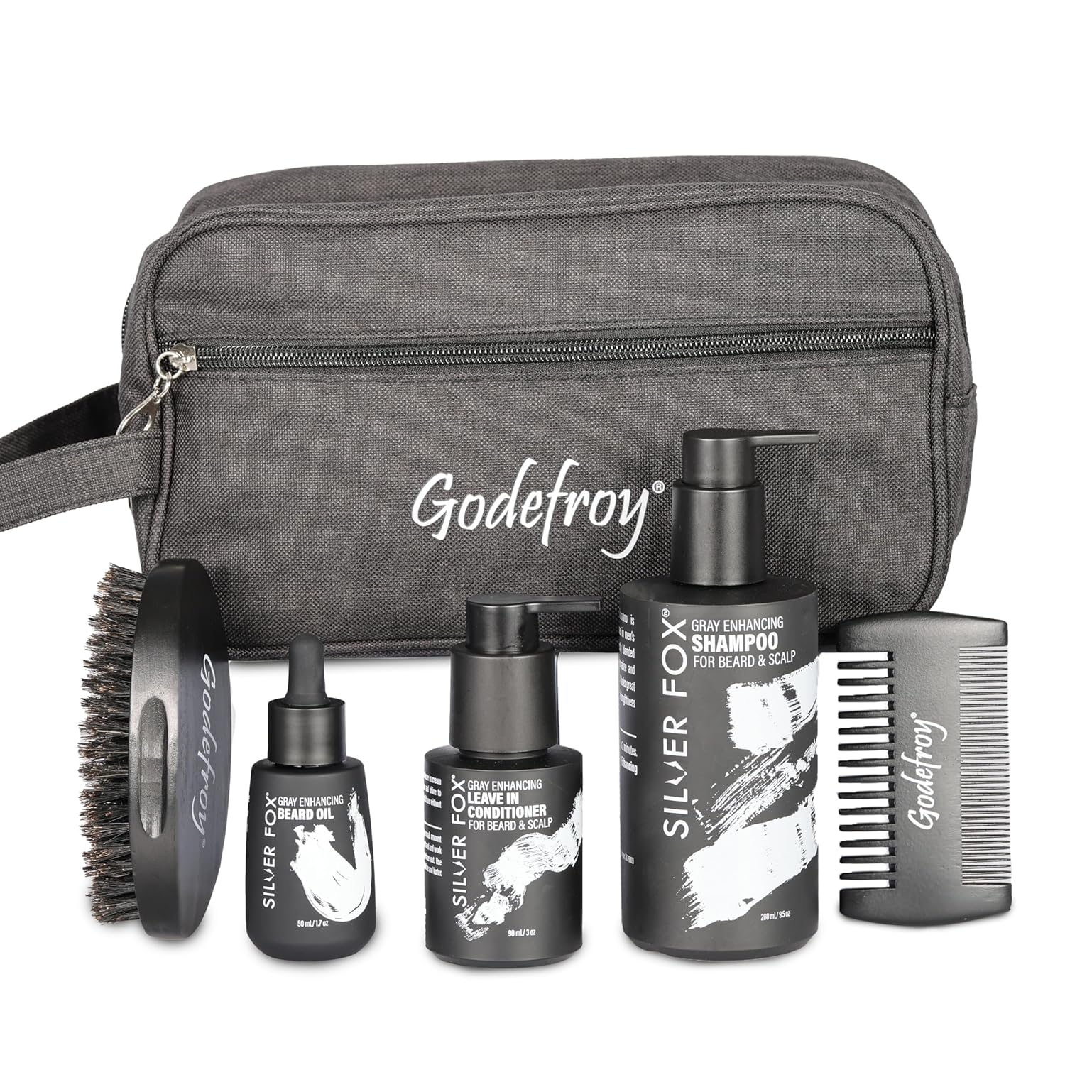 Godefroy Silver Fox Complete Men's Grooming Collection, Beard and Mustache Care Kit With Travel Bag, Gift For Men