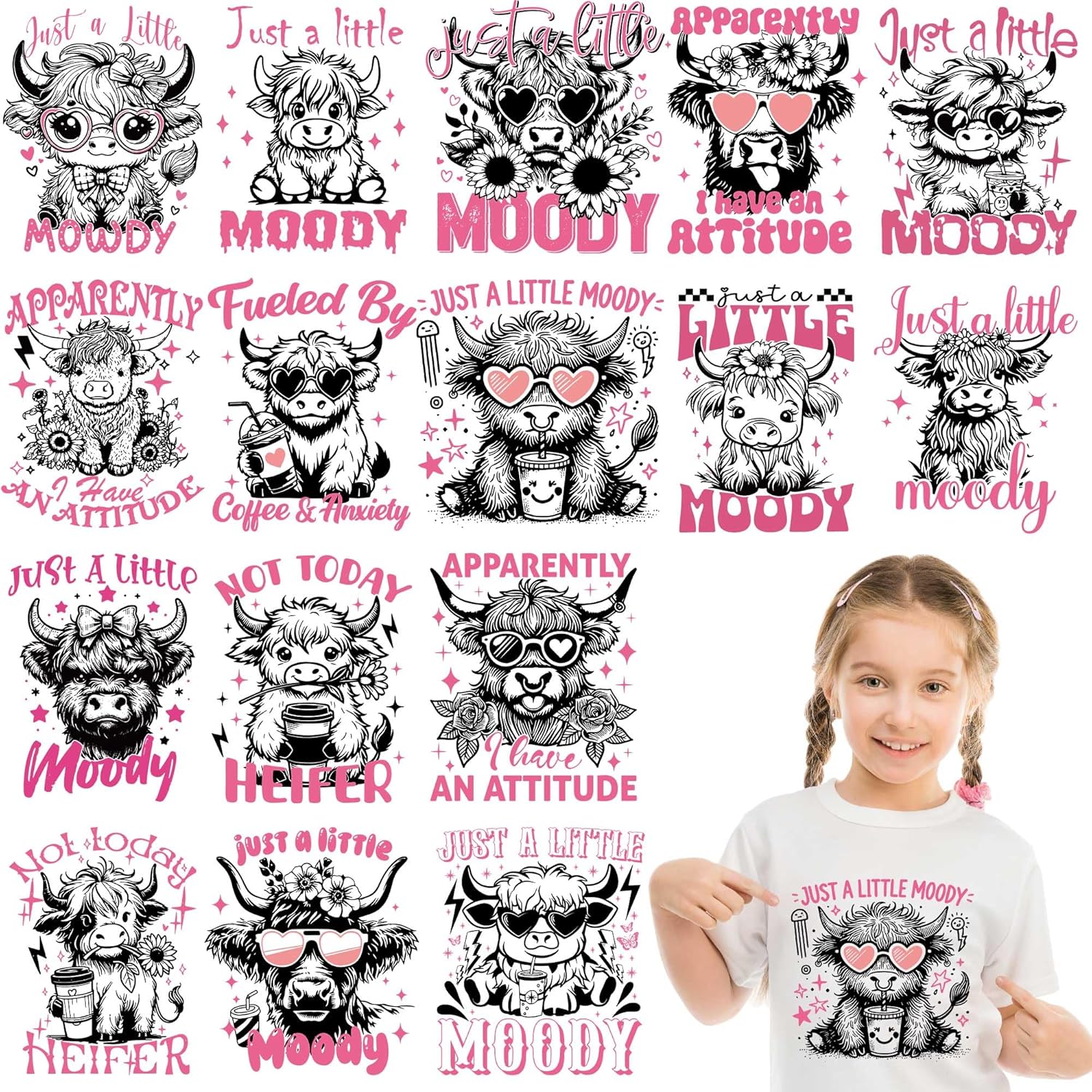 CRASHOT Highland Cow Iron on Transfers, 16 PCS Funny Quotes DTF Transfers Ready to Press, Moody Cow Iron on Decals, Heat Transfer Vinyl for T-Shirts Bag Clothing