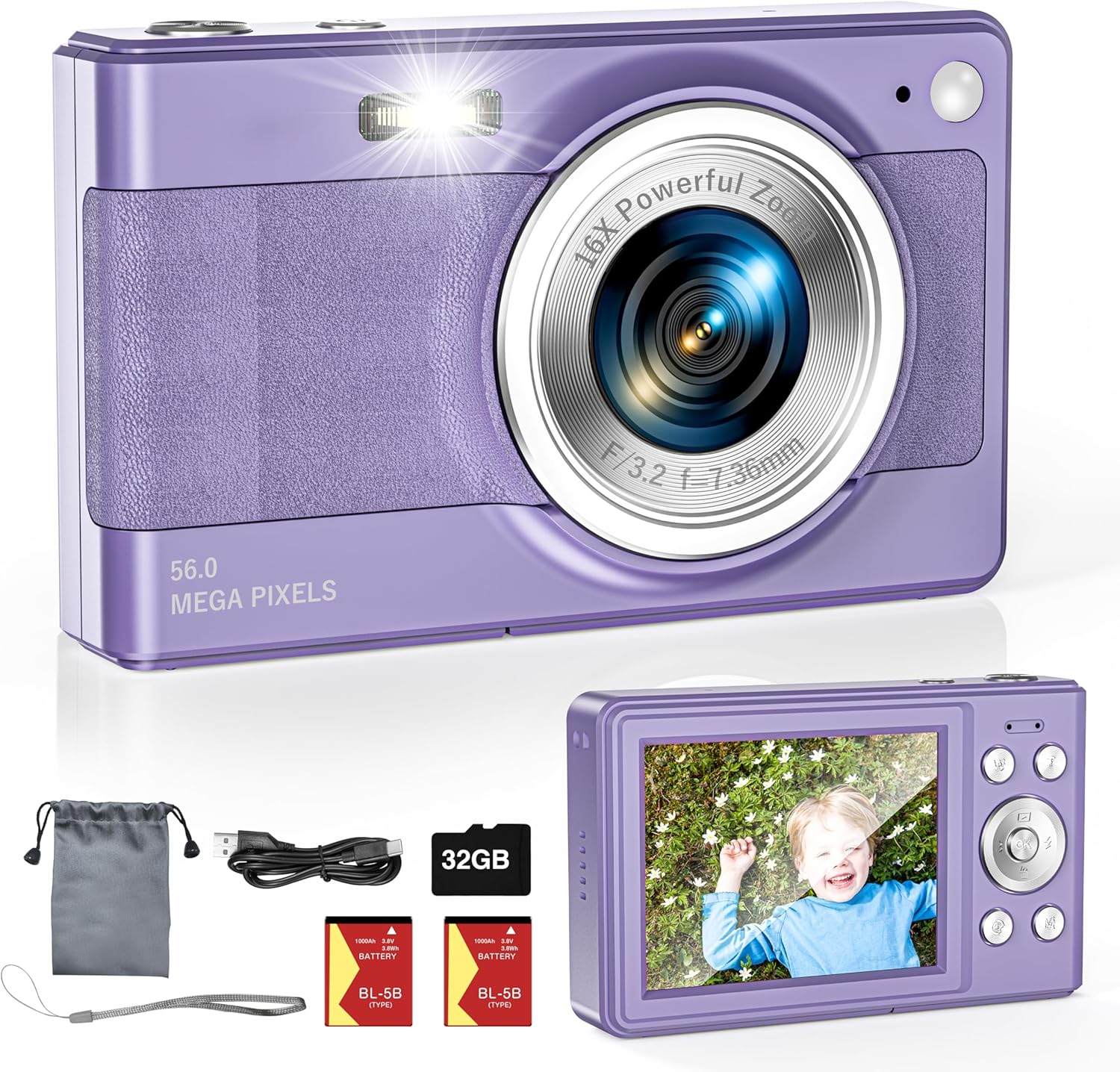 Upgrade Digital Camera, 56MP FHD 1080P Camera for Kids with 16x Zoom Anti Shake, Kid Camera with 32GB TF Card, Two Batteries, Lanyard, Compact Small Camera for Kids Boys Girls(Purple)
