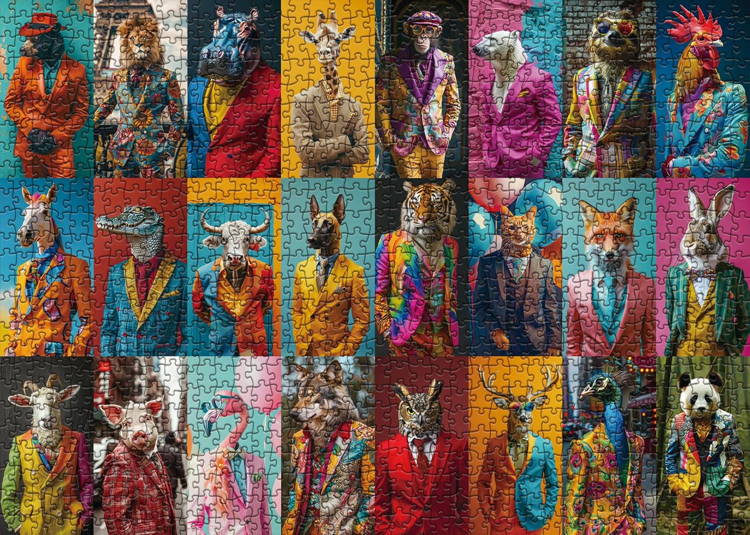 Animal Puzzle Fashion Puzzles 1000 Pieces for Adults, Colorful Model Jigsaw Puzzles for Adults Wolf Owl, Animal Wear Suit Jigsaw Puzzle Family Collage Puzzles as Home Decor
