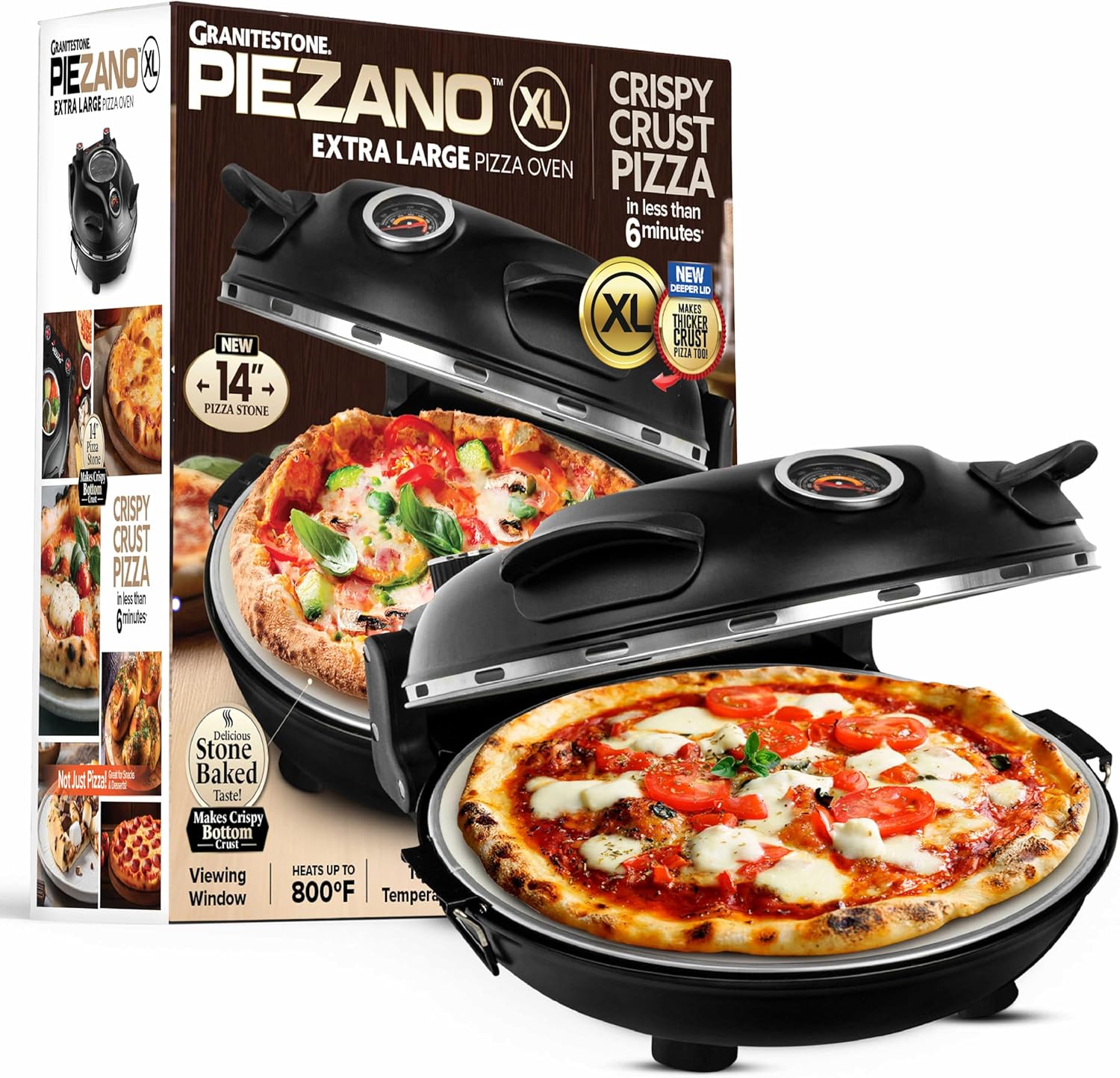 PIEZANO 14 Inch Extra Large Crispy Crust Pizza Oven by Granitestone – Family Sized Electric Pizza Oven Indoor Countertop Maker with Stone Heats up to 800˚F for Stone Baked Pizzeria Style at Home