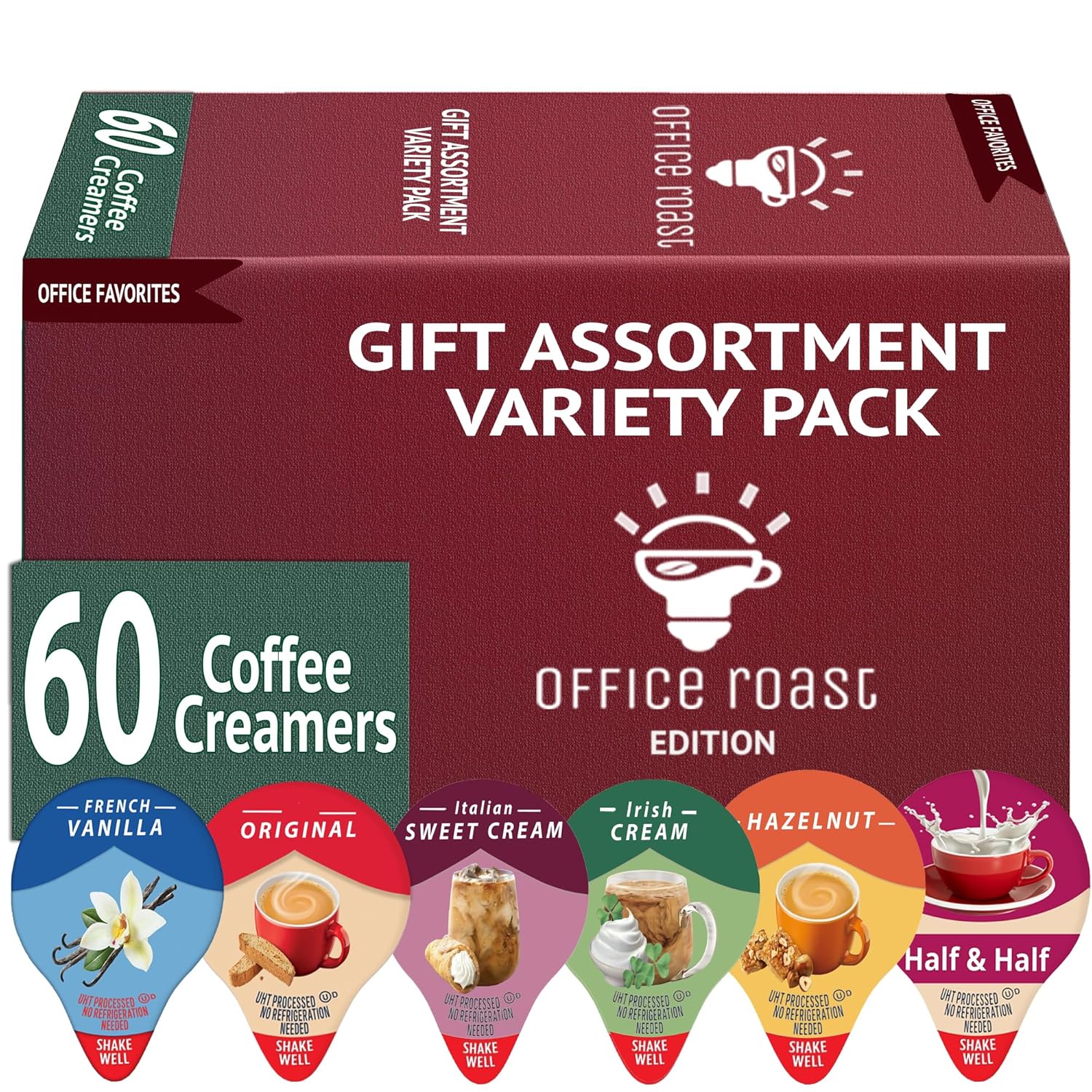 Variety Pack Creamers Liquid Creamer Singles | Gift Assortment Box | Coffee Cream, Original, French Vanilla, Italian Sweet Creme, Hazelnut, Half-Half & Irish Creme - No Refrigeration - Box Of 60