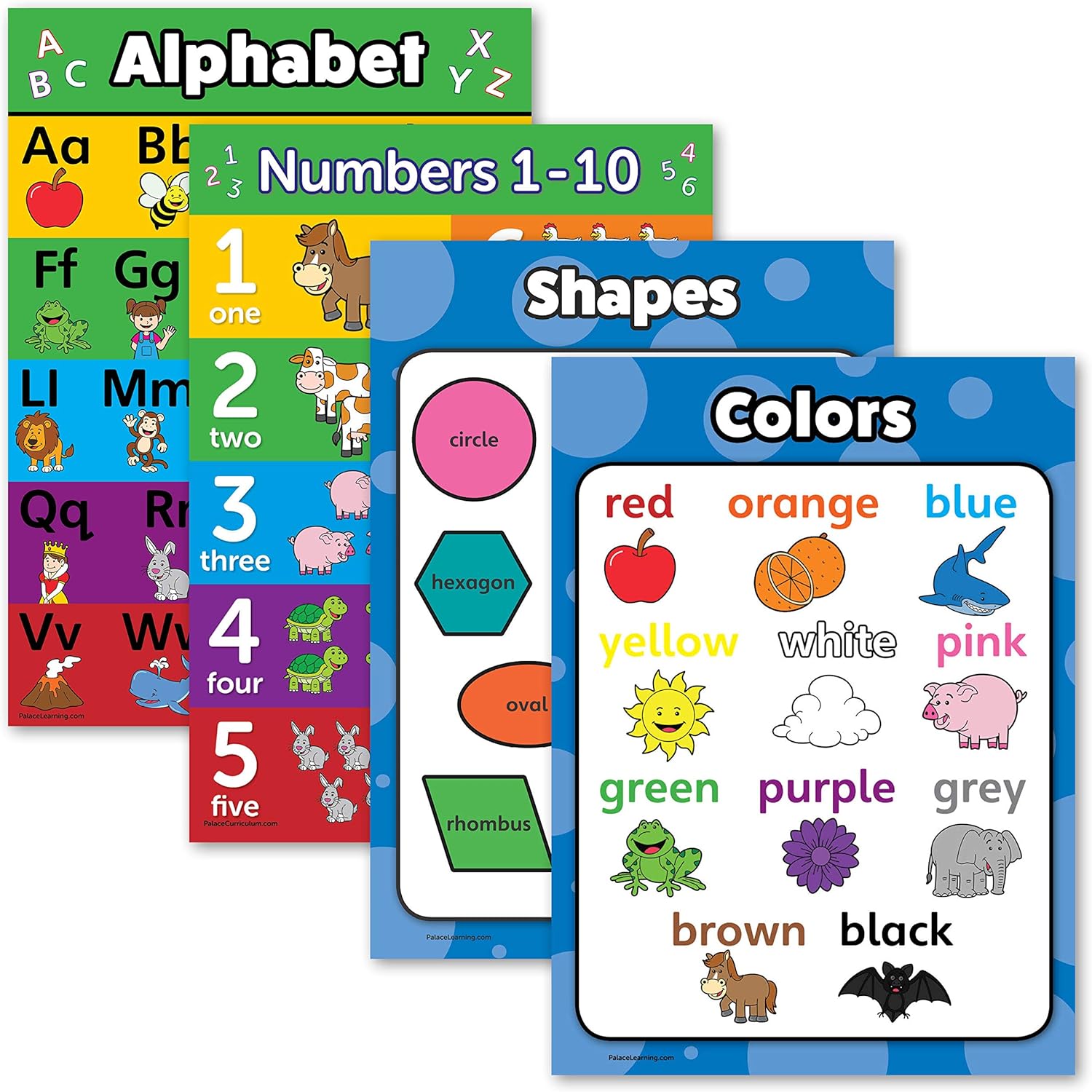 Palace Learning 4 pack - ABC Alphabet + Numbers 1-10 + Shapes + Colors Poster Set - Toddler Educational Charts (LAMINATED, 18" x 24")