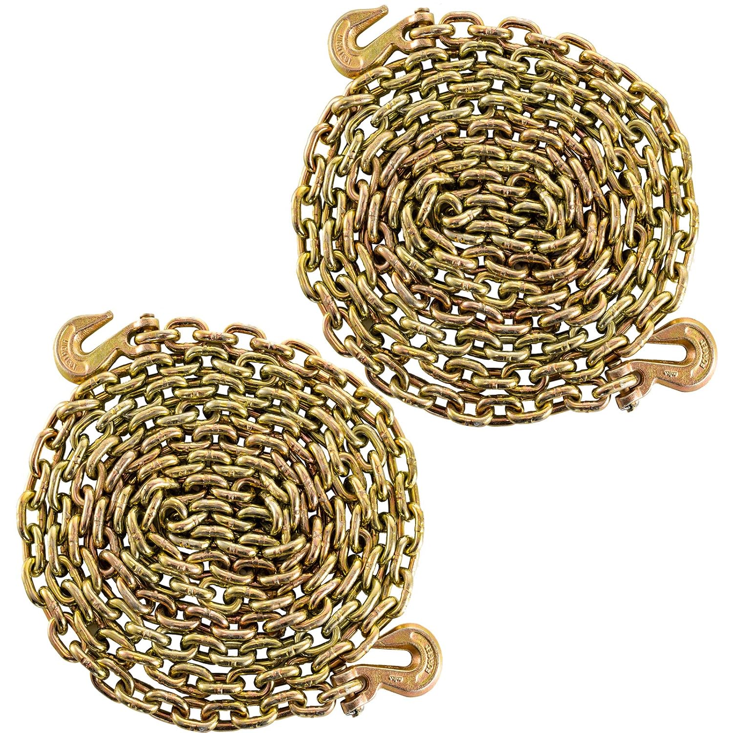 BestEquip 2 Pack Grade 80 Chain 3/8" x 20' Heavy Duty Chain with Safety Grab Hooks Logging Chain Safe Working Load for Transporting Towing Tie Down Binding Equipment