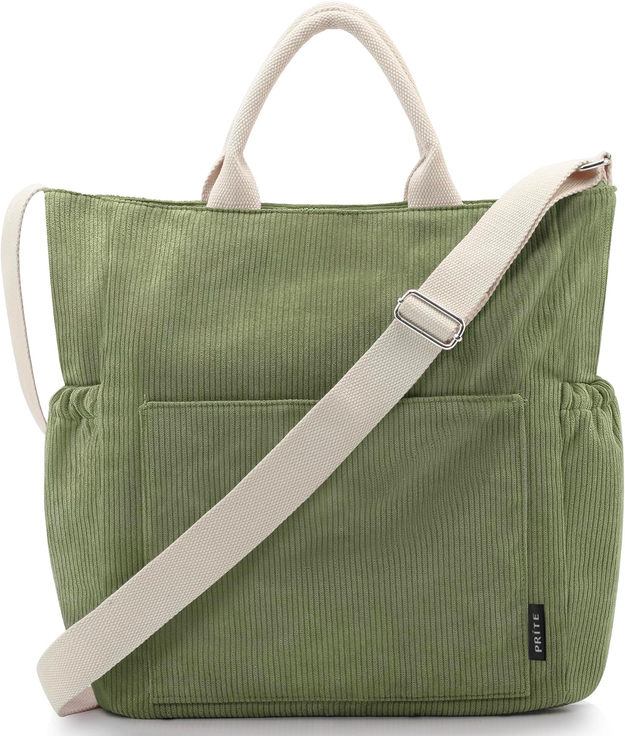 Prite Corduroy Tote Bag for Women with Zipper, Large Capacity Shoulder Bags with Adjustable Strap and Pockets Waterproof Handbag for Work School Shopping Travel College