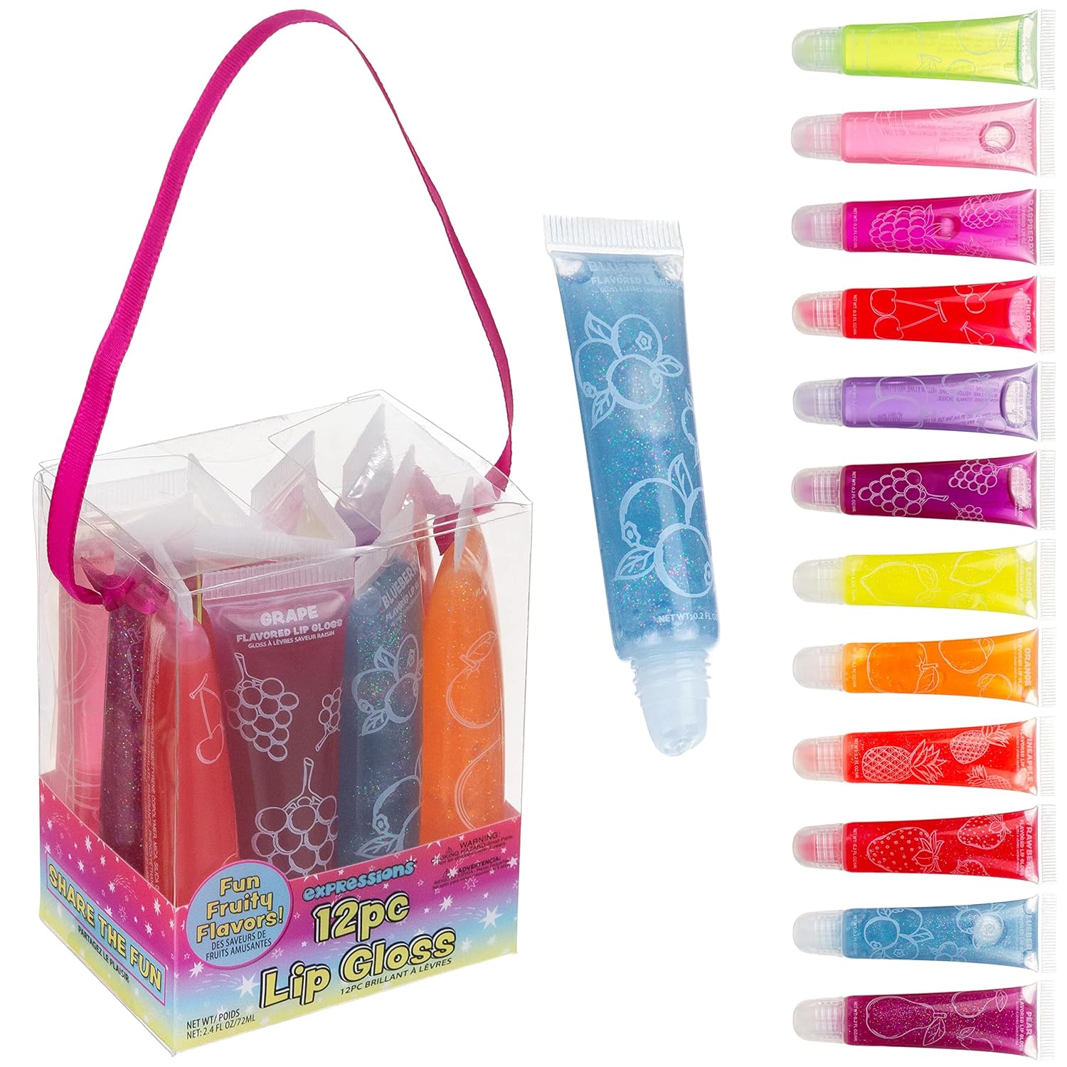 Expressions 24pc Lip Gloss Set, Flavored Lipgloss Squeeze Tubes with Carrying Case, Lip Gloss Set Value Pack, Assorted Fruit Flavored Lip Glosses, Kid-Friendly Non Toxic Makeup (12)
