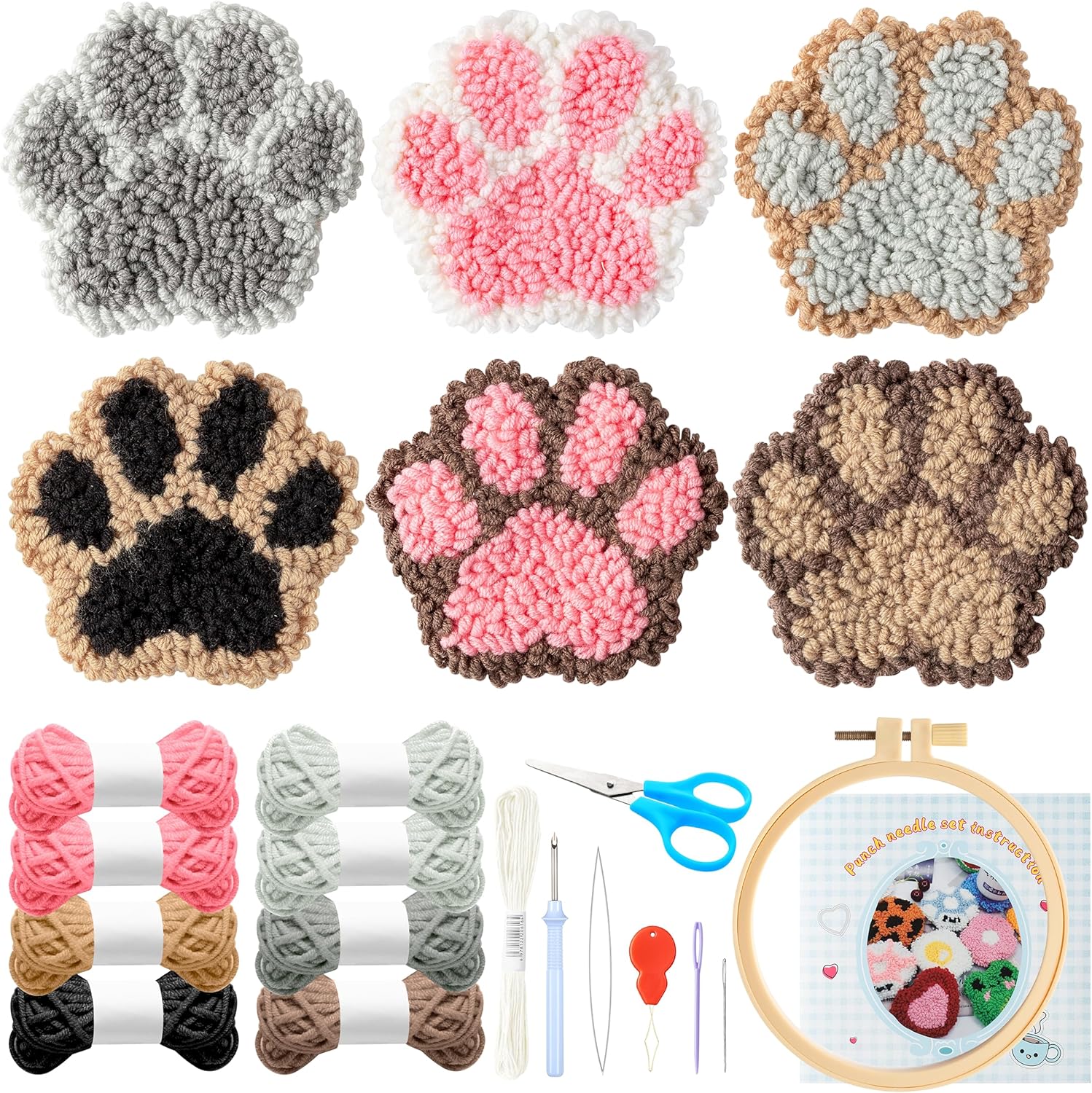 WATINC 22Pcs Craft Punch Needle Coaster Kit, Easy Art Work Decor Coasters Kits for Beginners, 6 Pattern Tufted Rug Pads with Adhesive Felt Yarns Embroidery Hoop Instruction, DIY Needle Punch Craft