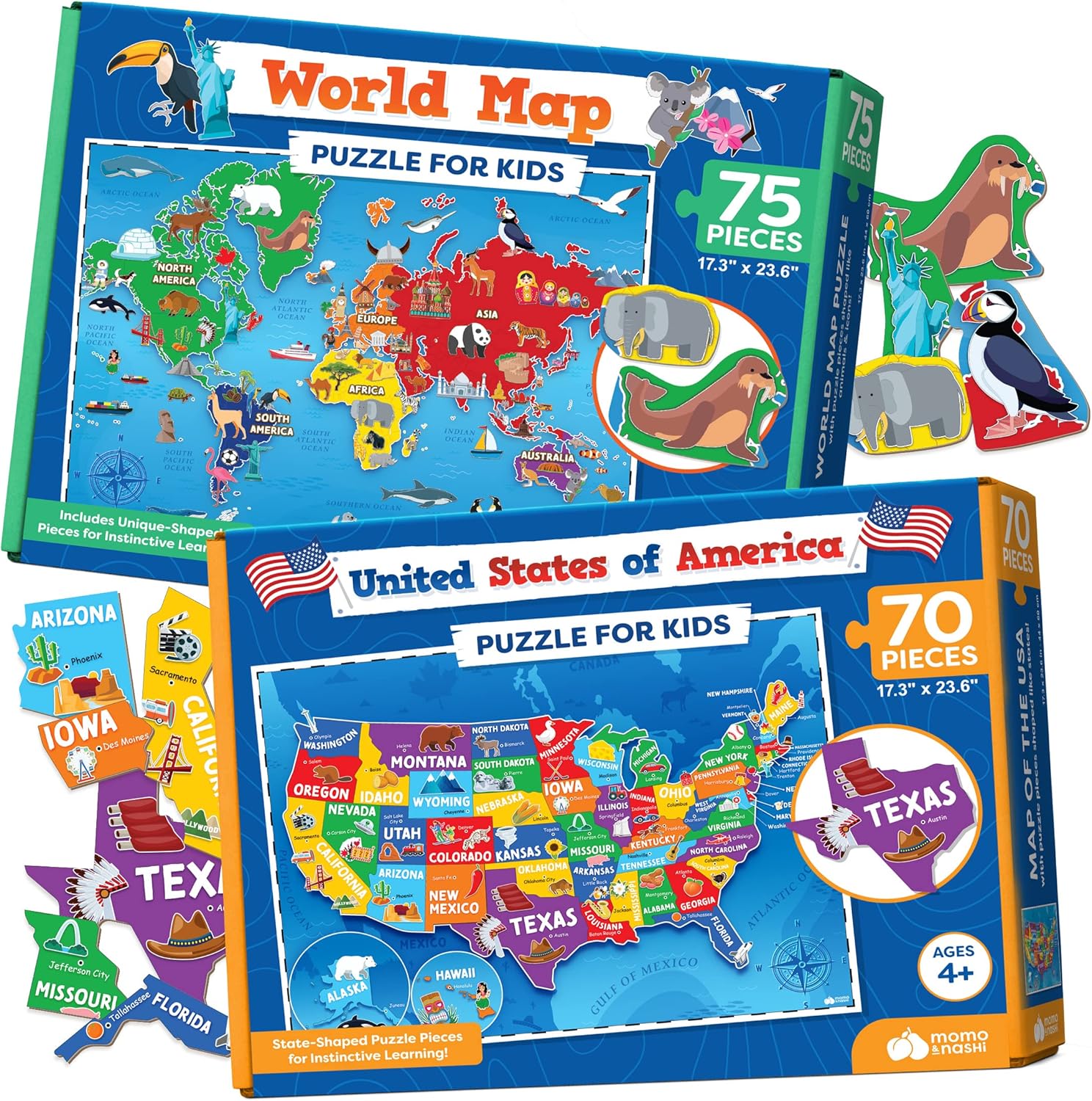 Momo & Nashi US Map Puzzle & World Map Puzzle - Childrens Jigsaw Geography Puzzles for Kids Learning Games