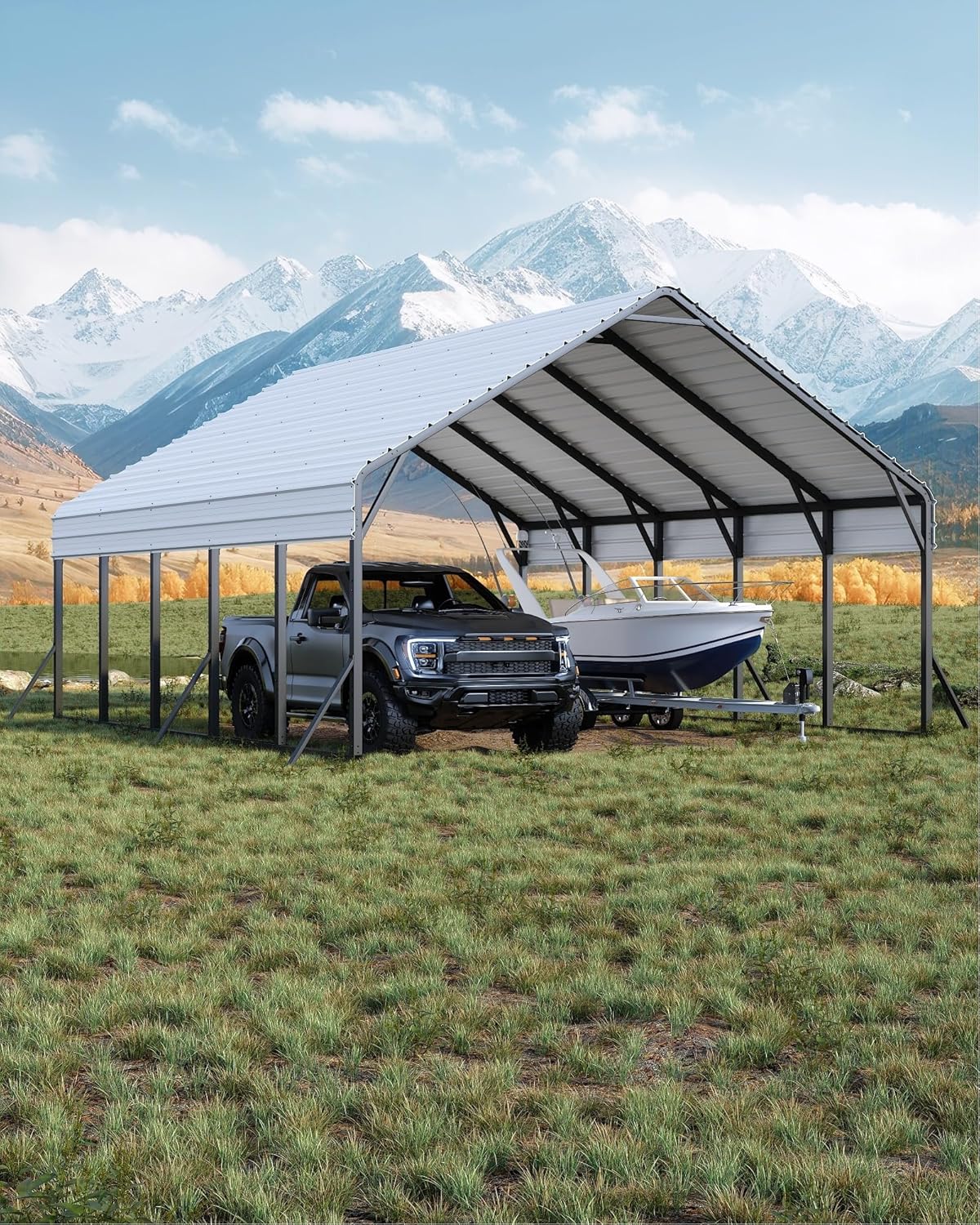 20'x25'x13' Metal Carport for 2 Cars, Extra Tall Carport, Reinforced Frame and Roof for All-Weather, Permanent Garage for Bass Boats, Full-Sized Pickup Trucks, and Tractors, N.W. 980 Lbs