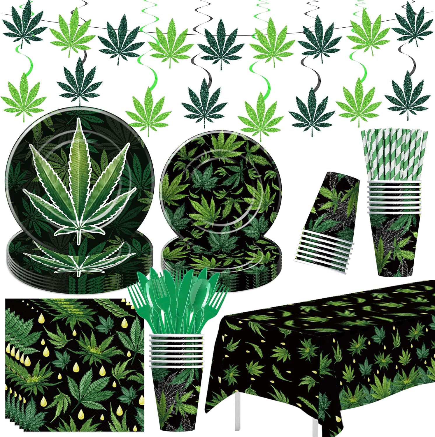 Weed Party Decorations Supplies, Weed Birthday Decorations, Paper Plate, Napkin, Cup, Tablecloth, Banner, Swirls, Green Pot Weed Leaves Party Decor For Adults 420 Birthday, Serves 24