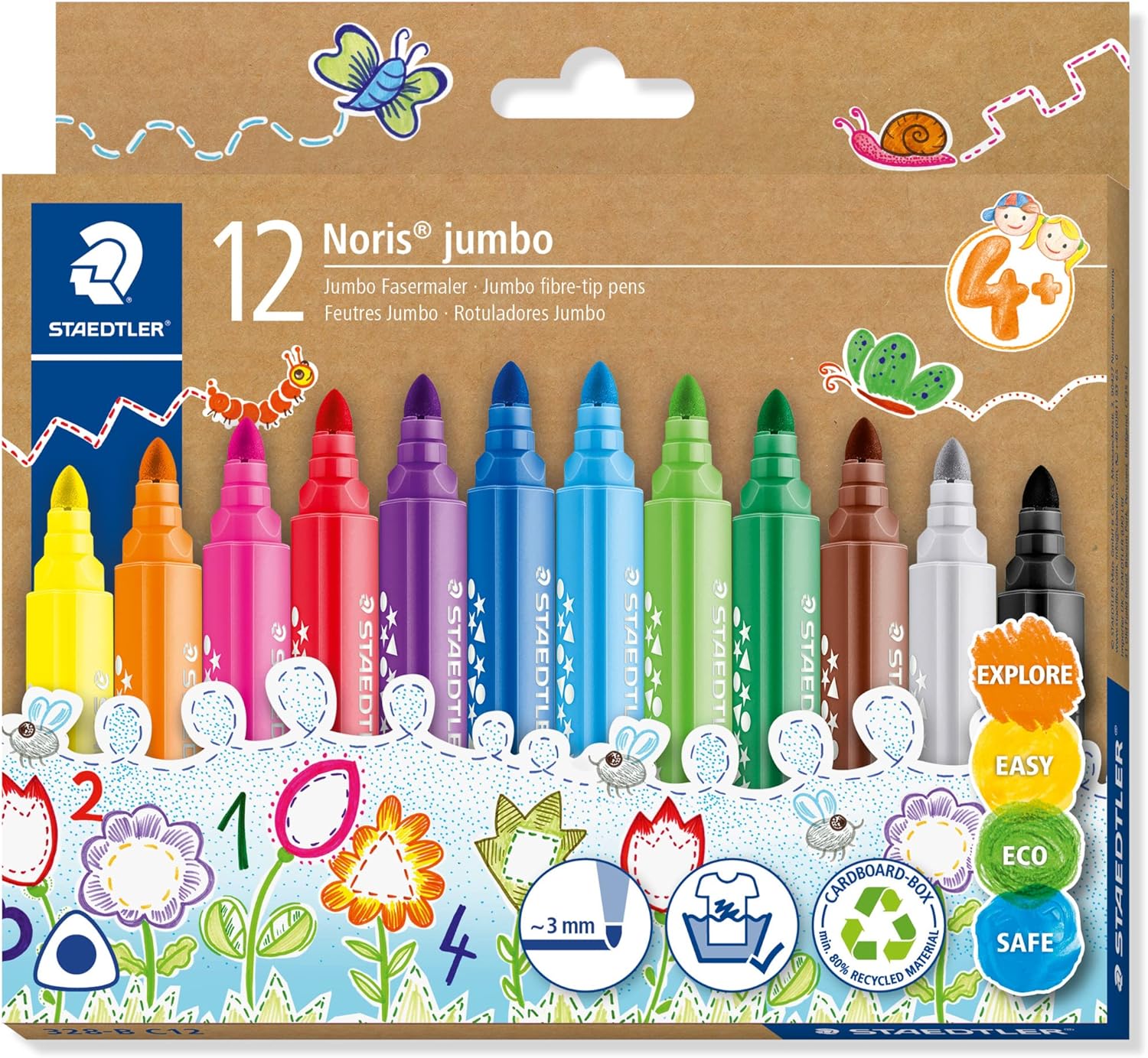 STAEDTLER Felt Pens for Toddlers - Noris Jumbo Colouring Markers -12 Assorted Colours, 328-B C12
