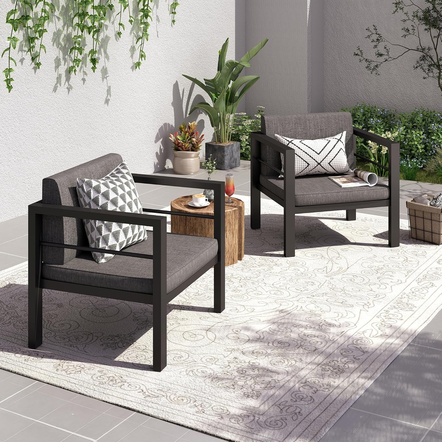 GARTOO Outdoor Aluminum Armchairs Set of 2 - Patio Furniture Single Chairs with Waterproof Cushions, Modern Outside Weather Resistant Sofa Seat for Balcony, Garden, Poolside