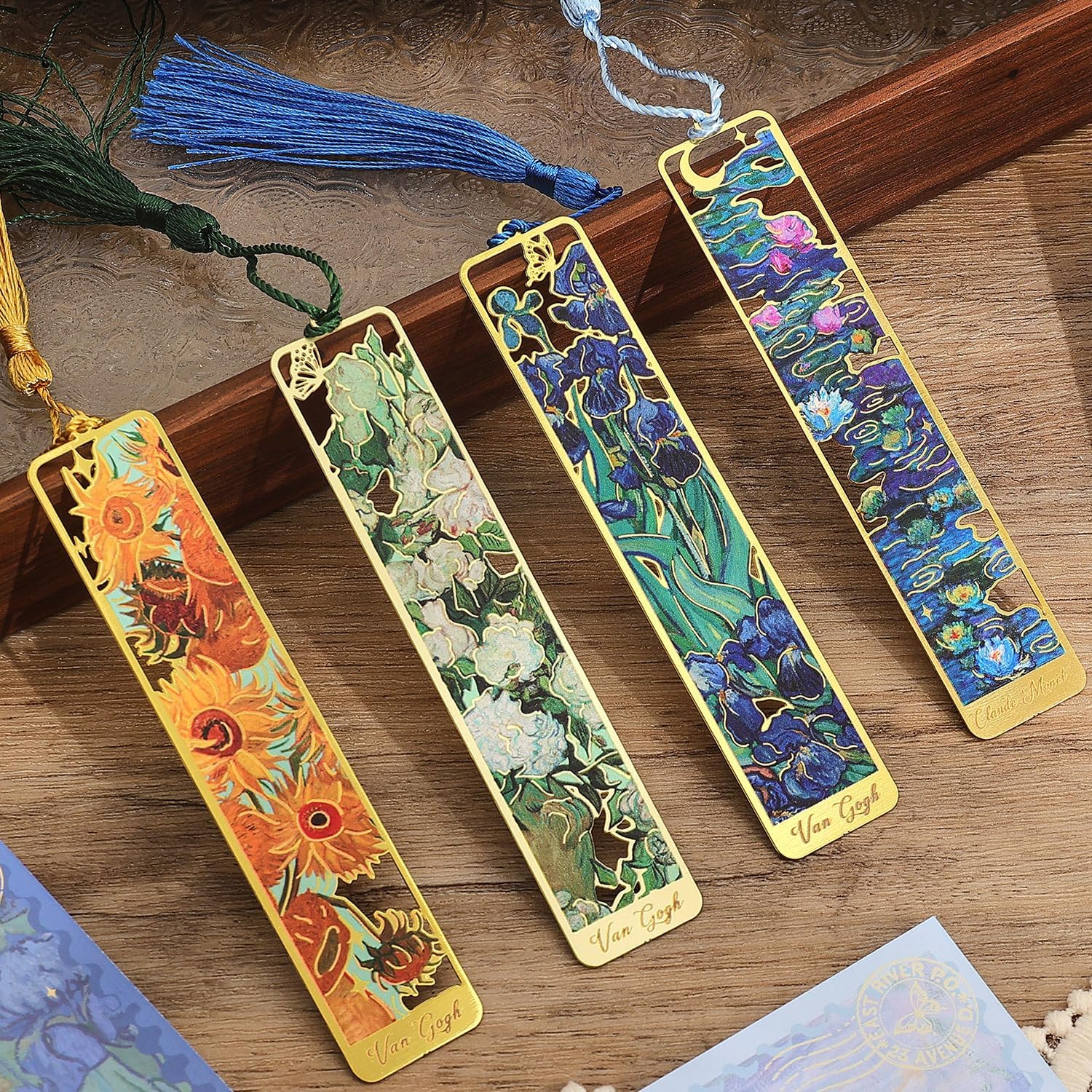 4 Pieces Metal Bookmarks with Tassel, Golden Hollow Bookmark Oil Painting Theme Book Mark Bookmarks for Book Lovers Writers Readers Children Teens Men Women Adults