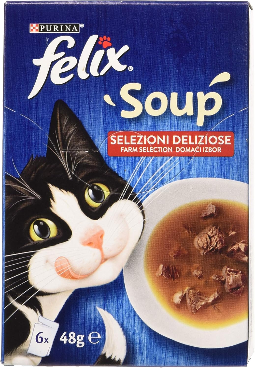 PURINA FELIX Delicious Selections Cat Soup with Beef, Chicken, Lamb - 48 bags of 48g each (8 packs of 6x48g)