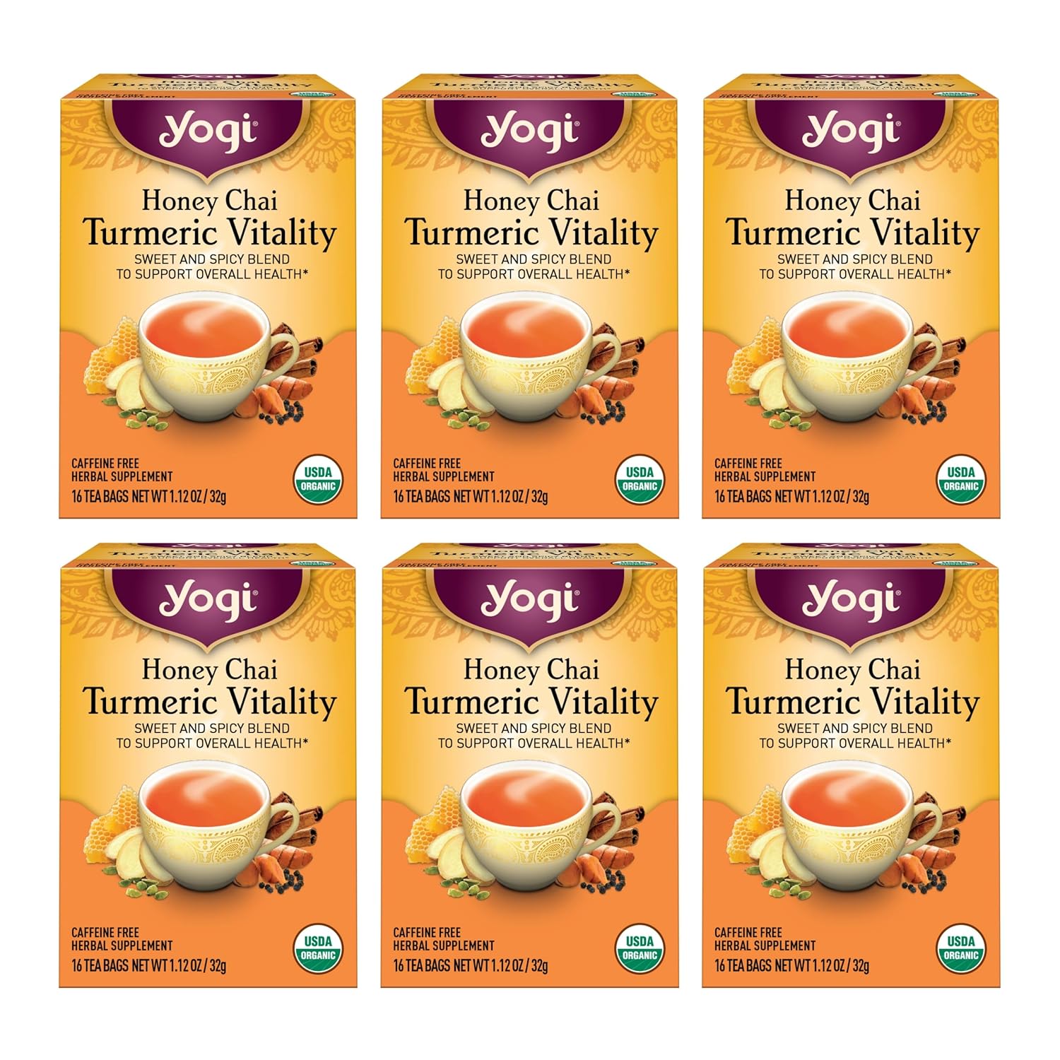 Yogi Tea Honey Chai Turmeric Vitality Tea - 16 Tea Bags per Pack (6 Packs) - Organic Tea to Support Overall Health - Includes Cinnamon Bark, Turmeric Root, Cardamom Pod, Ginger Root & More
