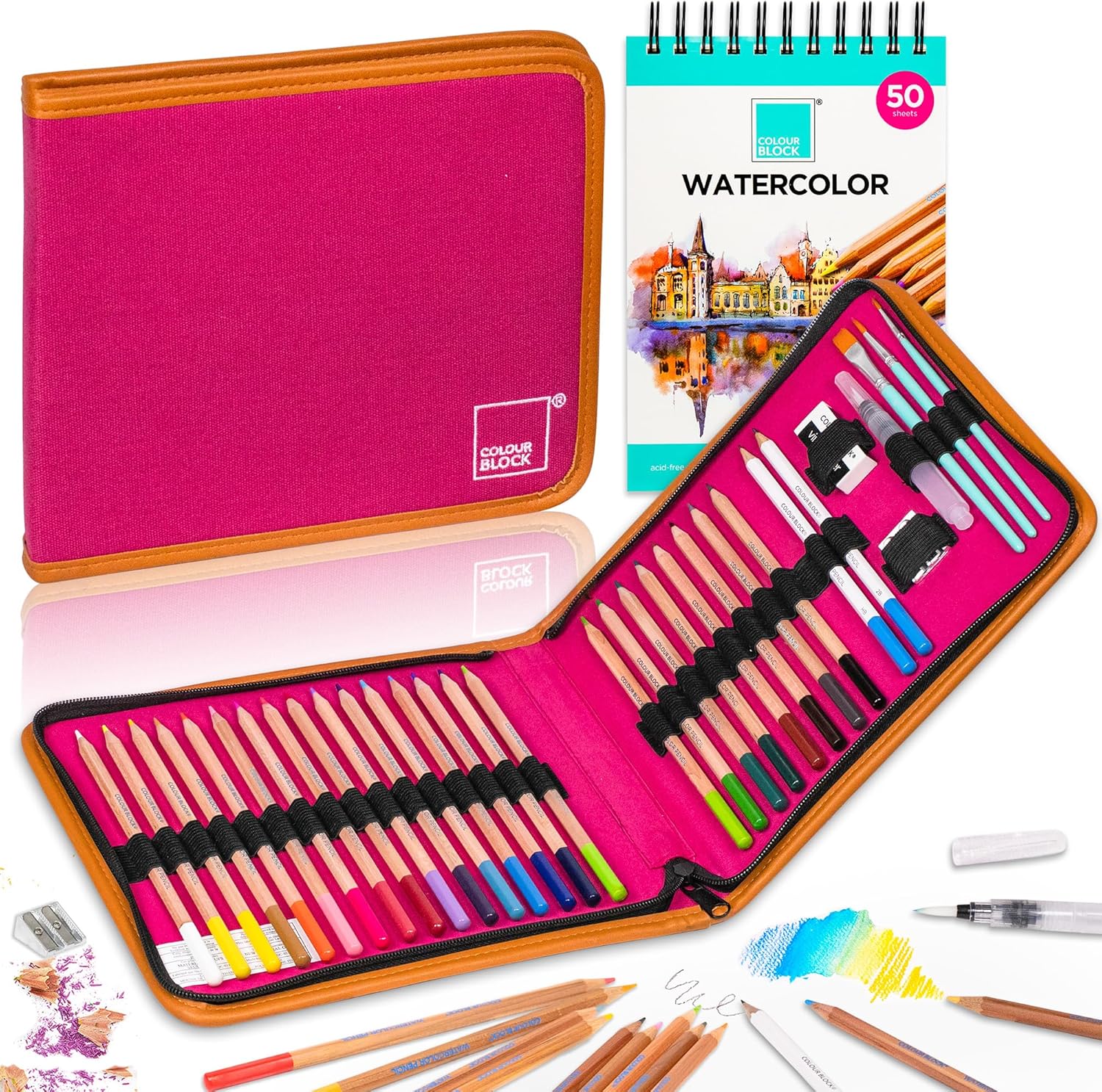 COLOUR BLOCK Watercolor Pencil Travel Art Set I 34pc Professional Drawing Kit, 50Sheets Drawing Pad, Paint Brushes I Vibrant Pigments for Coloring, Blending