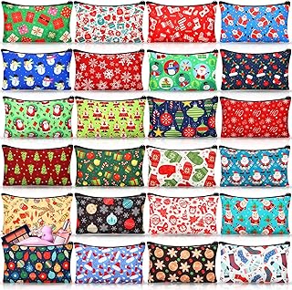24 Pieces Makeup Bags Bulk Canvas Cosmetic Bags Purse Organizer Zipper Cosmetic Pouch Portable Travel Toiletry Pouch for Women Men Gifts, 7 x 4 Inch (Christmas)