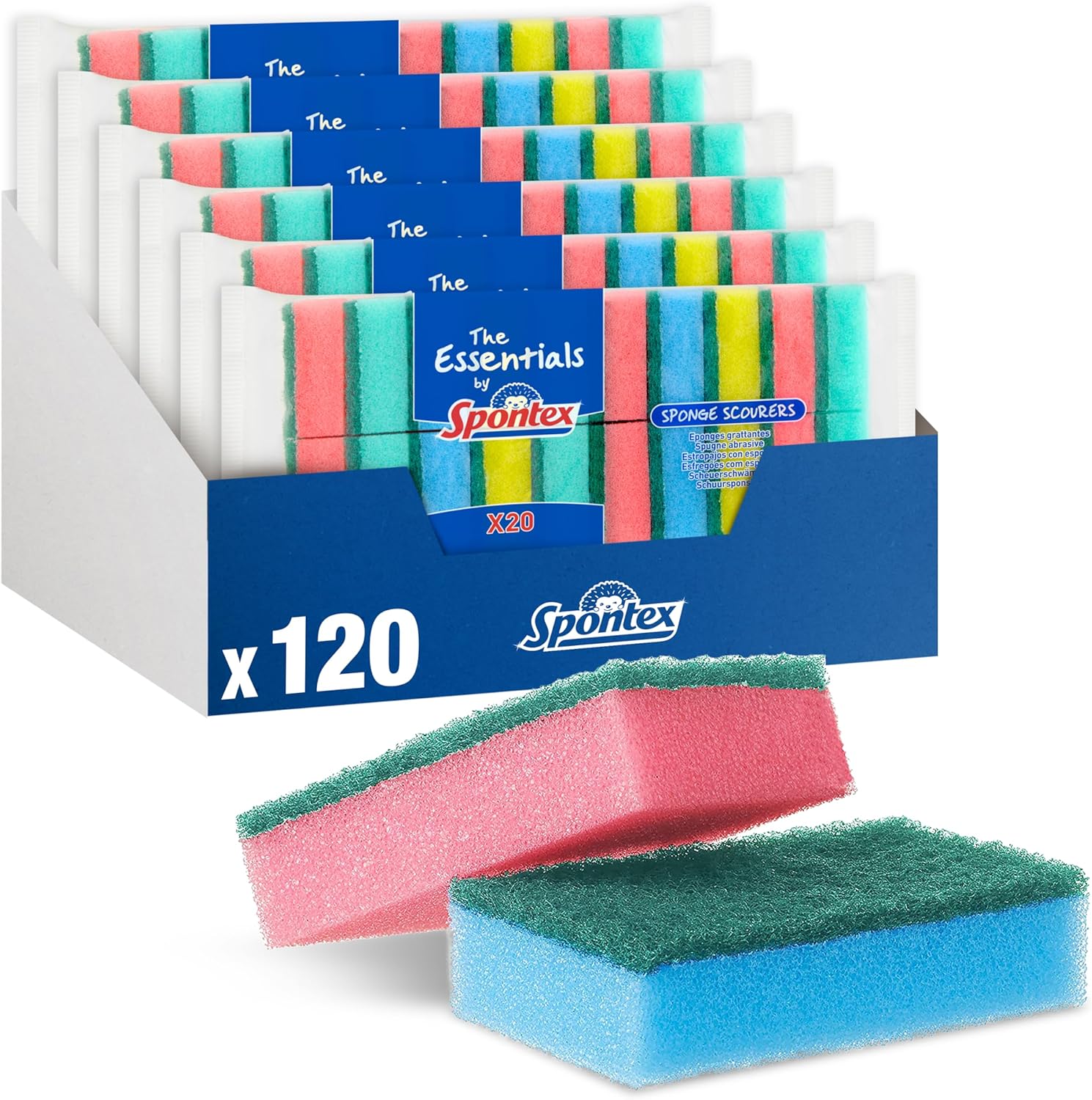Spontex The Essentials Washing Up Sponge Scourers | Hard Wearing & Versatile | 6 x 20 Pack (120 Total)
