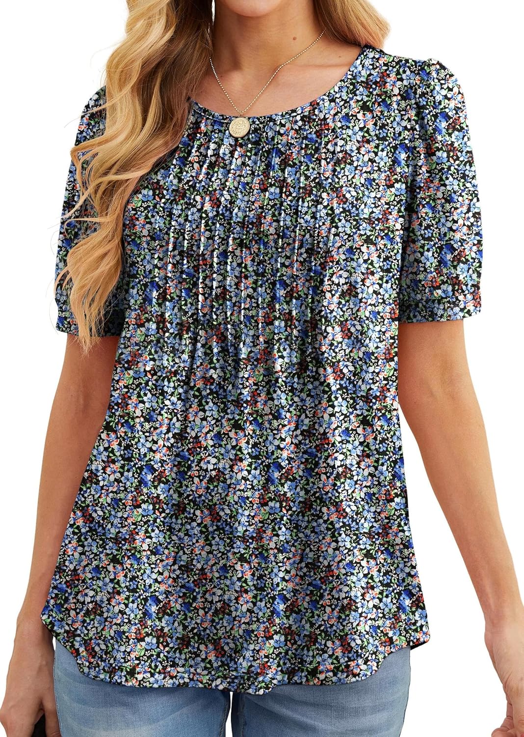 GRECERELLE Womens Summer Tops Casual Dressy Soft Short Sleeve Tunic Front Pleated Spring Crew Neck Tees T-Shirts Loose Blouse for Ladies