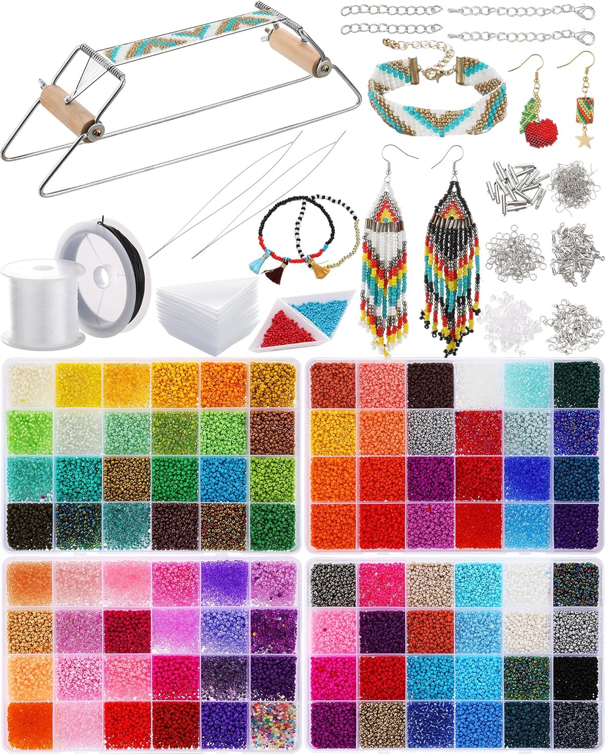 Jexine Bead Loom Kit for Adults 48000 Pcs Beading Loom Supplies with 96 Color 2 mm Glass Seed Bead Bracelets Christmas Jewelry Earring Making Tools Gifts for Girls DIY Craft