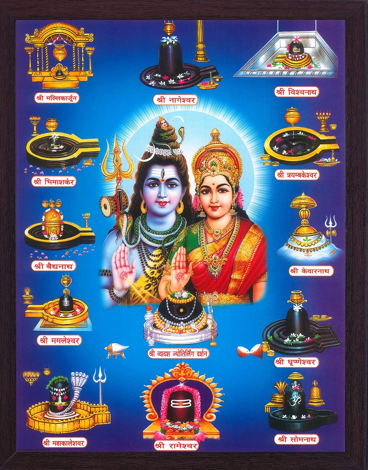Shiva with Parvati with 12 Jyotirlinga and both are giving blessing, A Poster painting with frame for Hindu Religious Worship Purpose